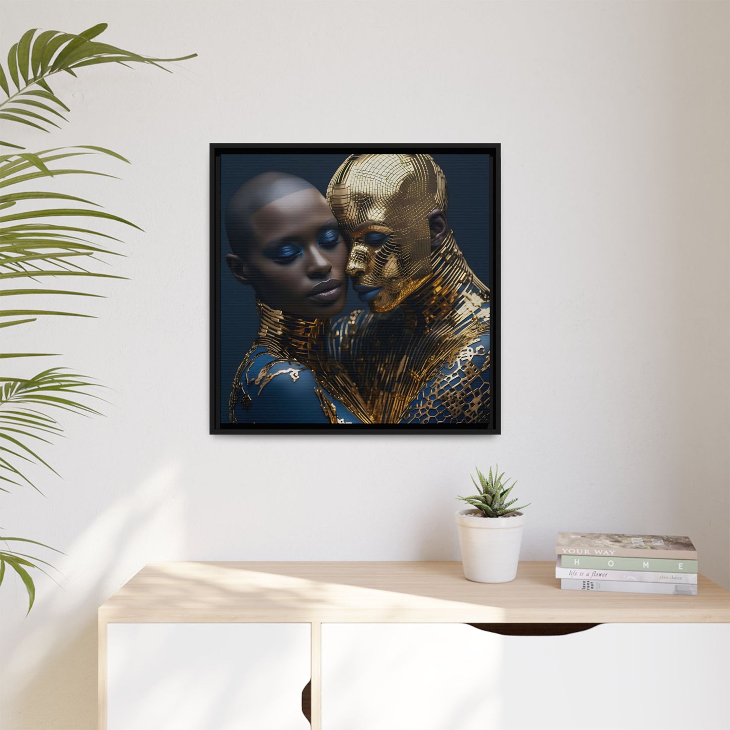 Golden Embrace - Black Couple Digital Canvas Print - Gold and Navy Decor -  Matte Canvas, Black Frame - Wall Art - Gift Ideas