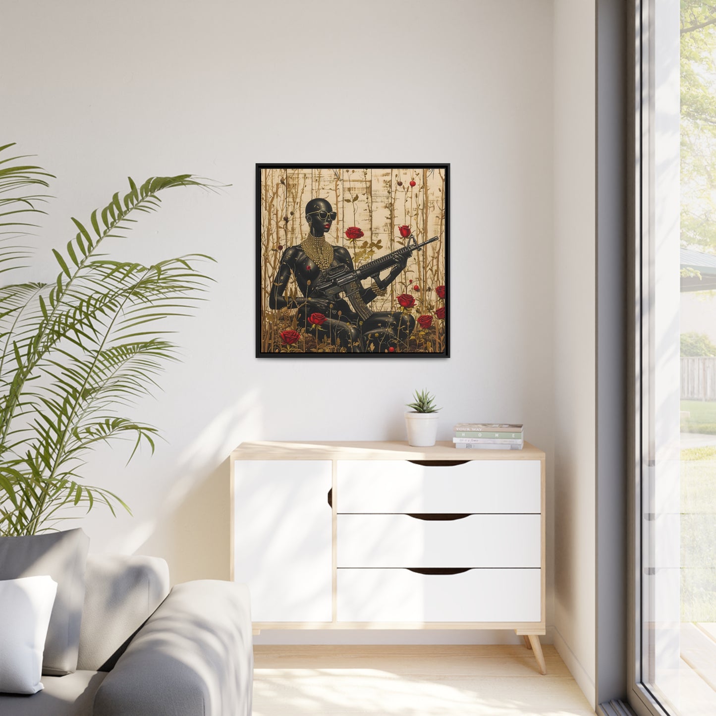 Empowering African Woman Canvas Print - Artistic Setting with Red Roses - Matte Canvas, Black Frame