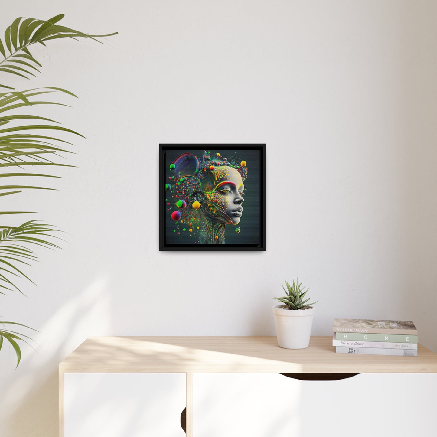 Kleurexplosie Abstract portret van een vrouw - mat canvas, zwart frame actief