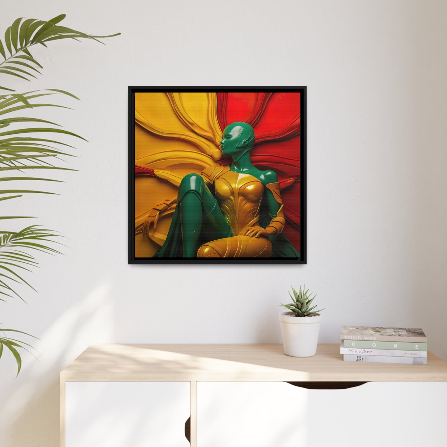 Samengevoegd in kunststof - rood, geel en groen muurkunst mat canvas, zwart frame - muurkunst - cadeau-ideeën - woondecoratie