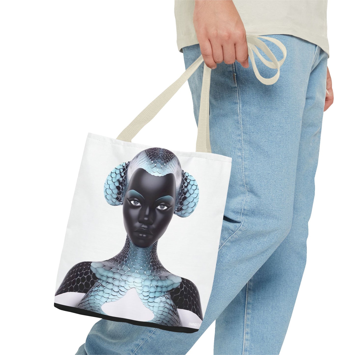 Blue Texture - AI Art - Abstract Woman with Fish Scale Textures - Tote Bag - Gift Idea - Fashion Accessories - Black Art