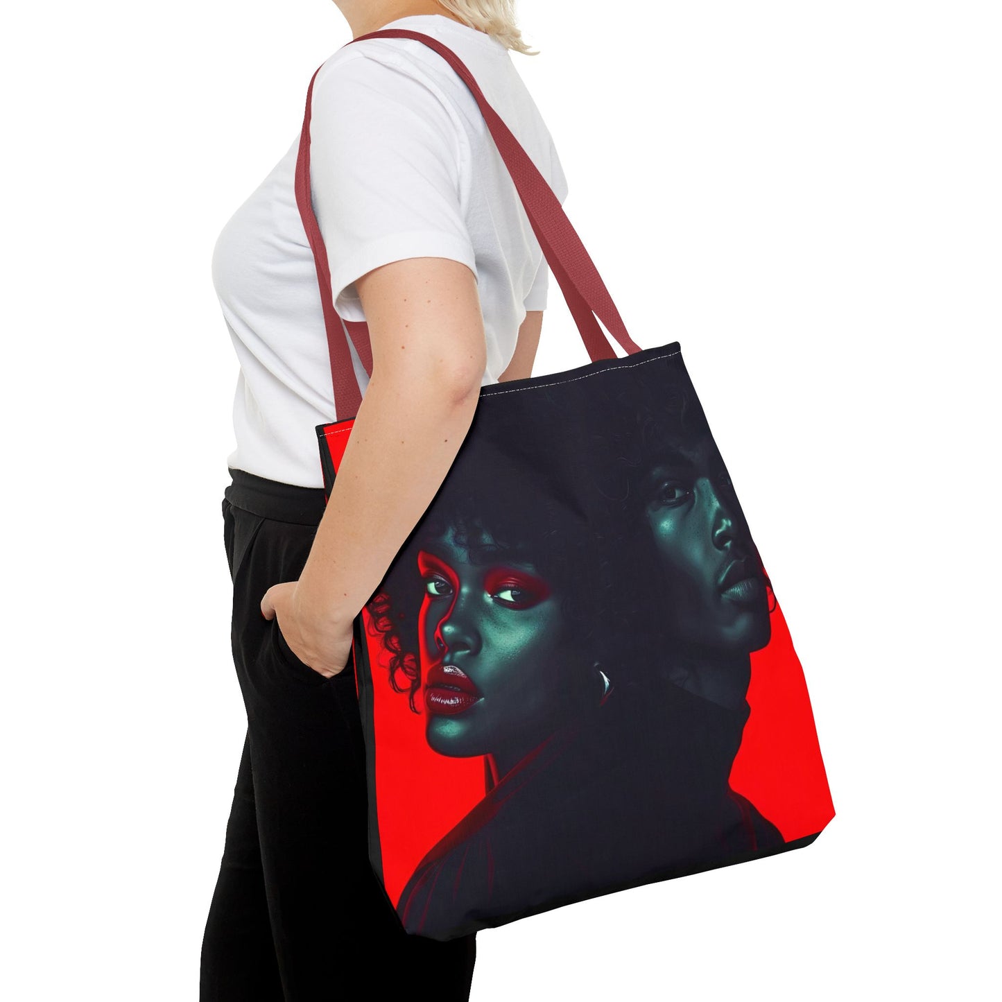 Retro Afro Couple Tote Bag - Stylish Red and Black Digital Print - Unique Fashion Accessory - Tote Bag (AOP) - Gift Idea