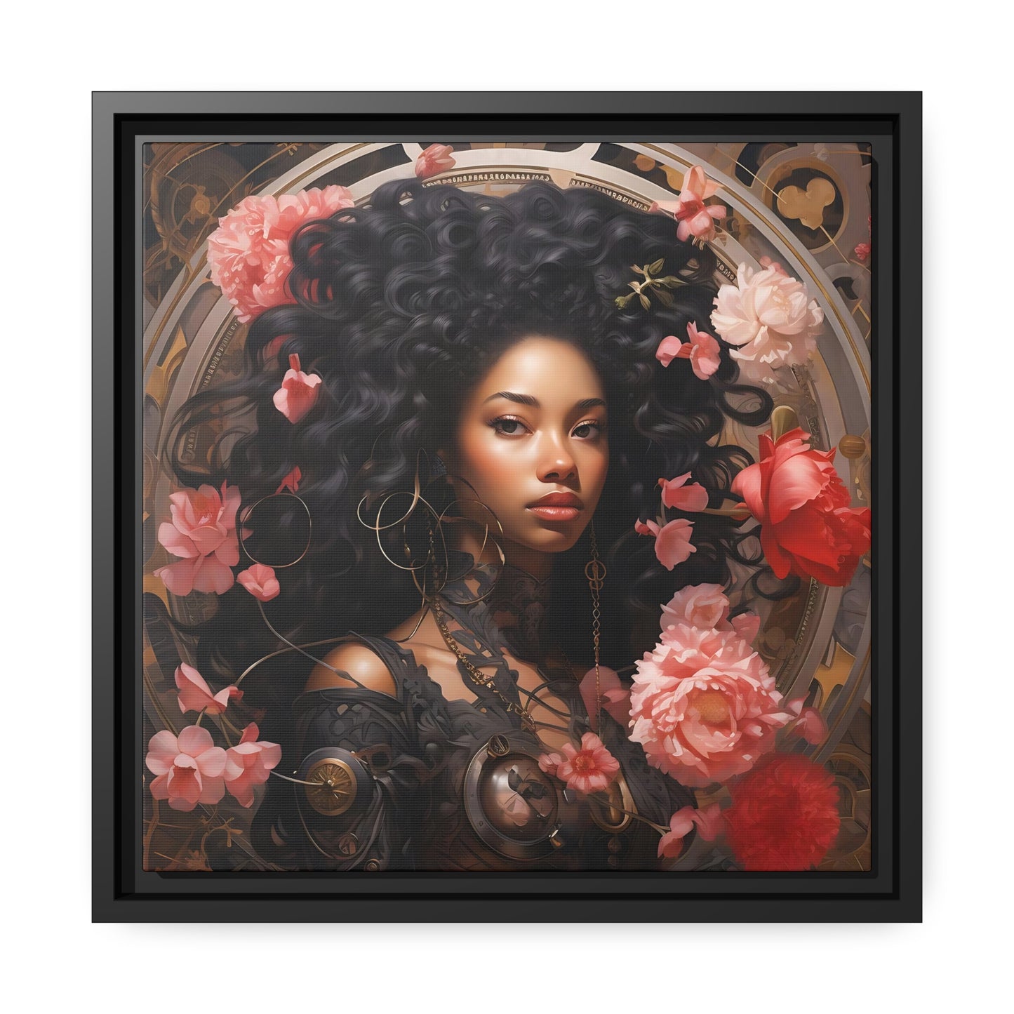 Afrofuturisme canvas digitale kunst van een mooie vrouw met bloemen - mat canvas, zwart frame, kunst aan de muur, cadeau-ideeën, zwarte kunst