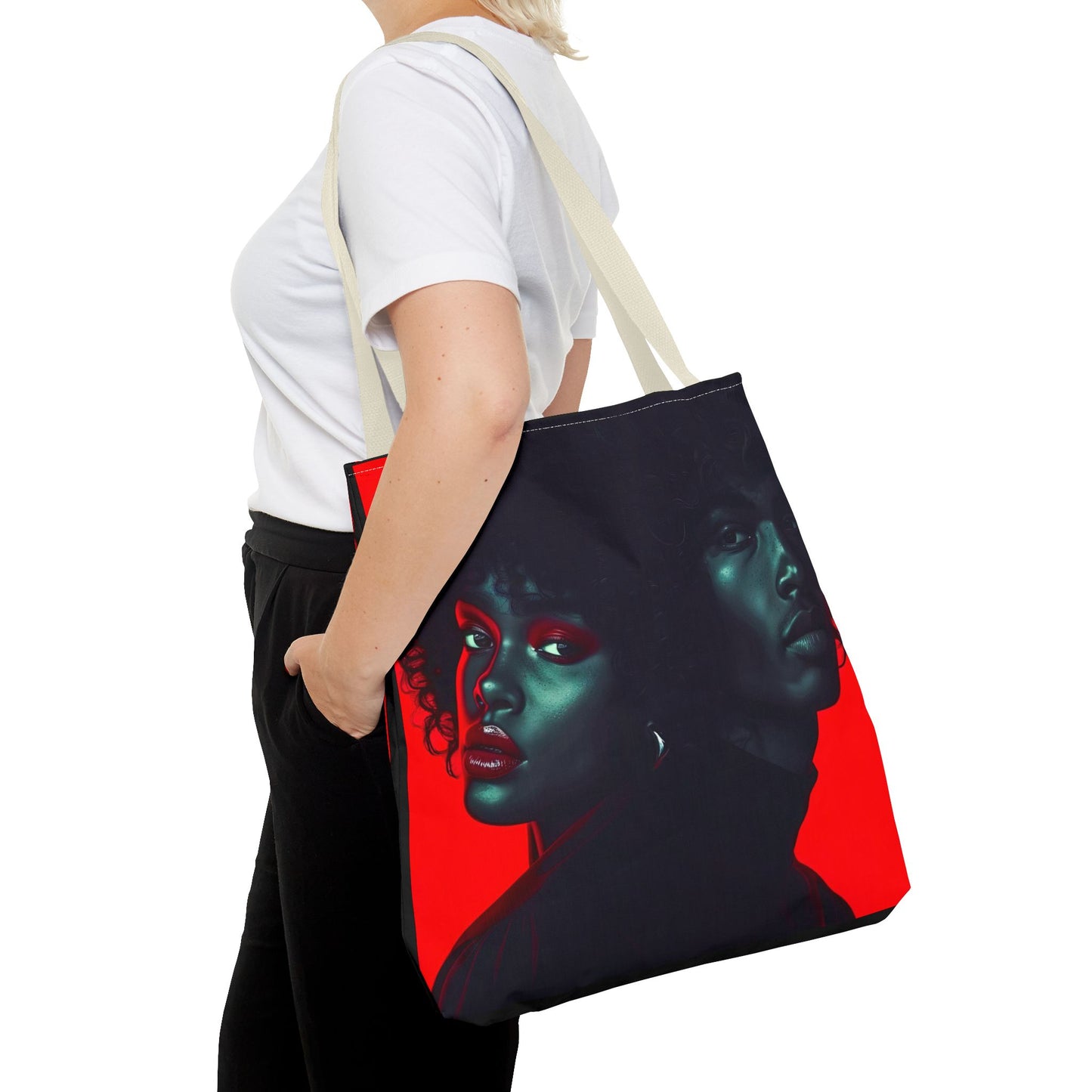 Retro Afro Couple Tote Bag - Stylish Red and Black Digital Print - Unique Fashion Accessory - Tote Bag (AOP) - Gift Idea