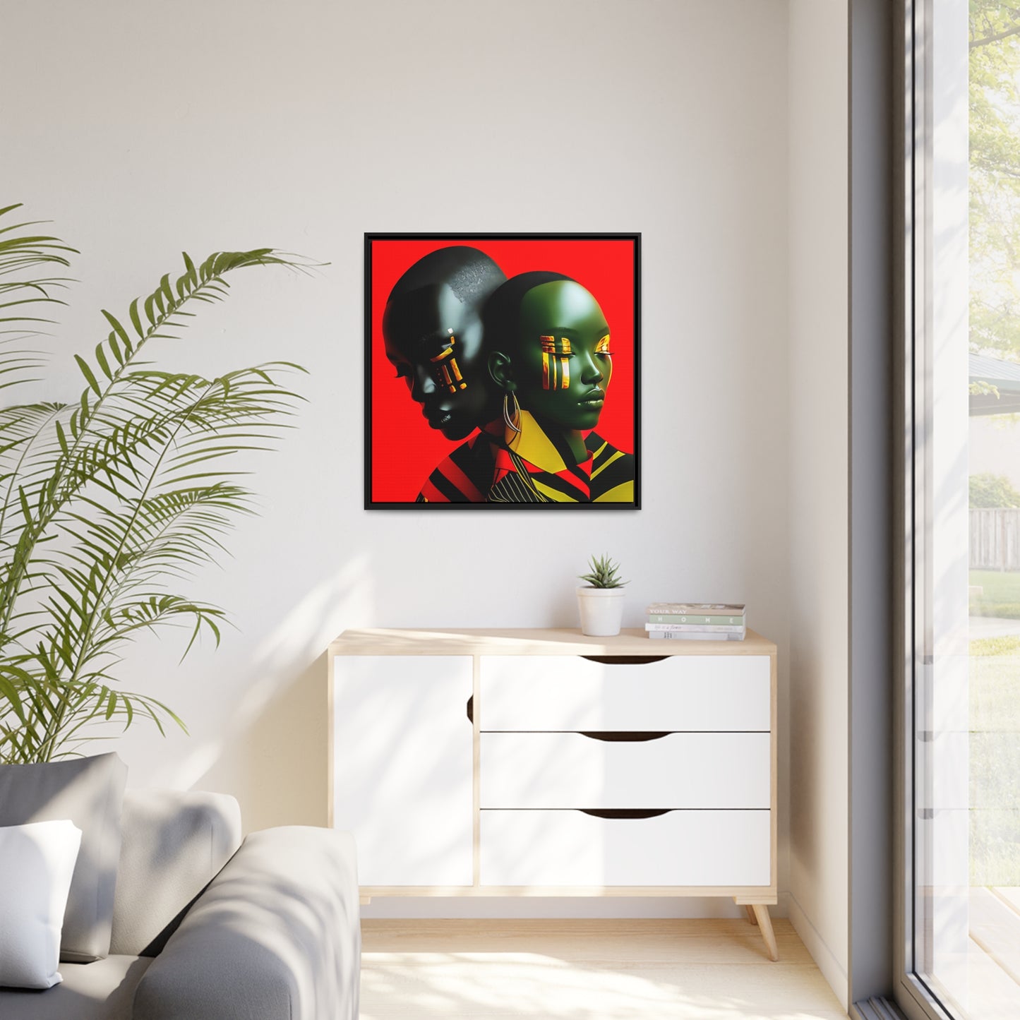 Moderne abstracte canvas print van zwart koppel - rood, goud, groen, zwarte kunst - hedendaagse wanddecoratie - mat canvas, zwart frame