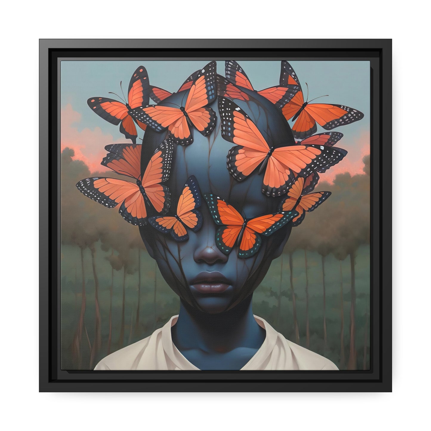 Emotive Digital Canvas Print:  Emotional Butterfly Face - Unique Wall Art Decor - Matte Canvas, Black Frame