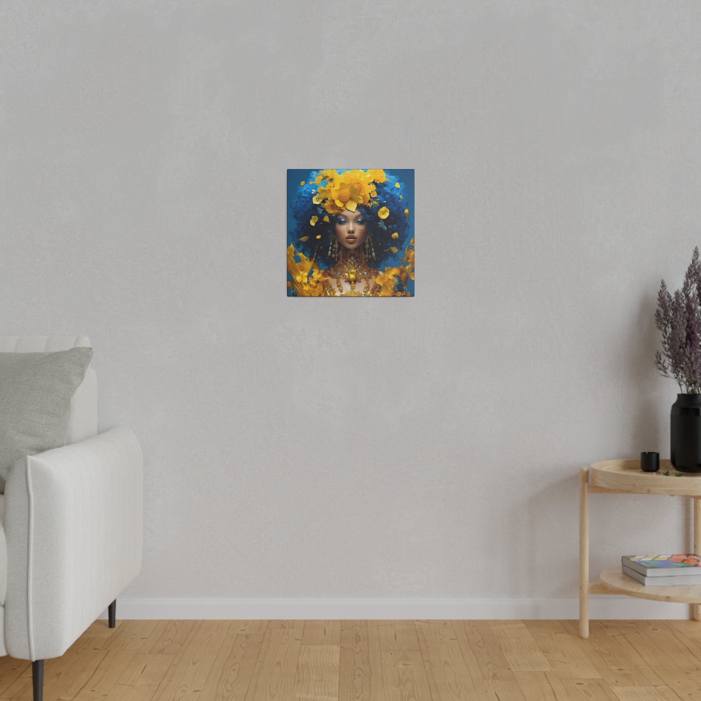 Oogverblindende digitale canvasprint: mooie vrouw met blauw haar en gouden juwelen - hedendaagse kunst aan de muur decor - mat canvas, uitgerekt, 0,75"