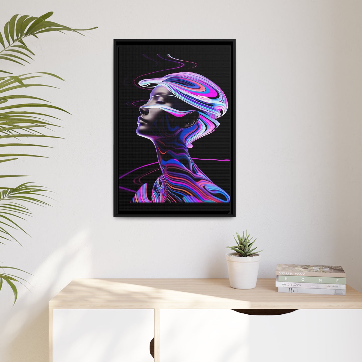 Neon Swirls - Futuristisch en kosmisch - Mat canvas, zwart frame