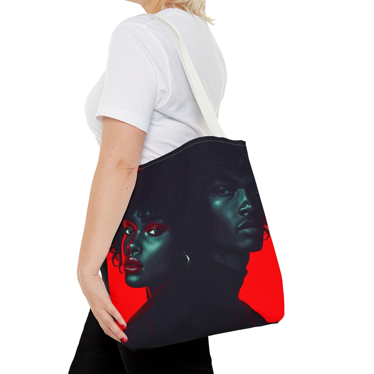 Retro Afro Couple Tote Bag - Stylish Red and Black Digital Print - Unique Fashion Accessory - Tote Bag (AOP) - Gift Idea