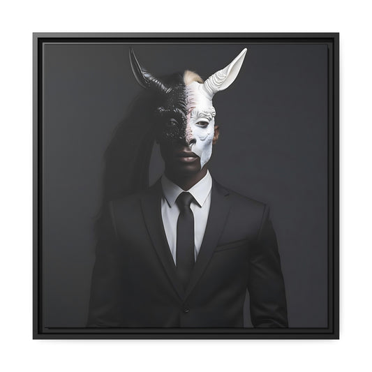 Digitale canvasprint - man in zwart pak met samenvoegend paard/eenhoornhoofd - donkere kunst, surrealistische wanddecoratie - mat canvas, zwart frame