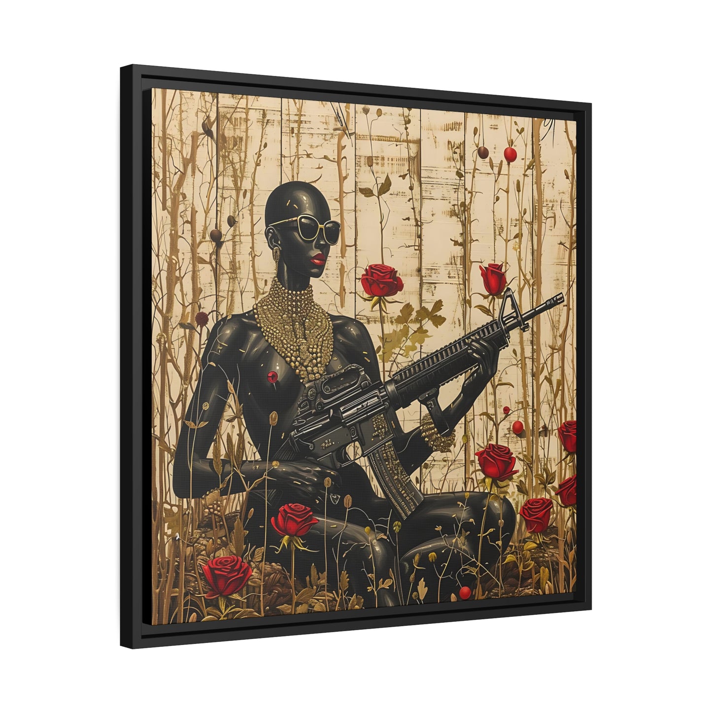 Empowering African Woman Canvas Print - Artistic Setting with Red Roses - Matte Canvas, Black Frame