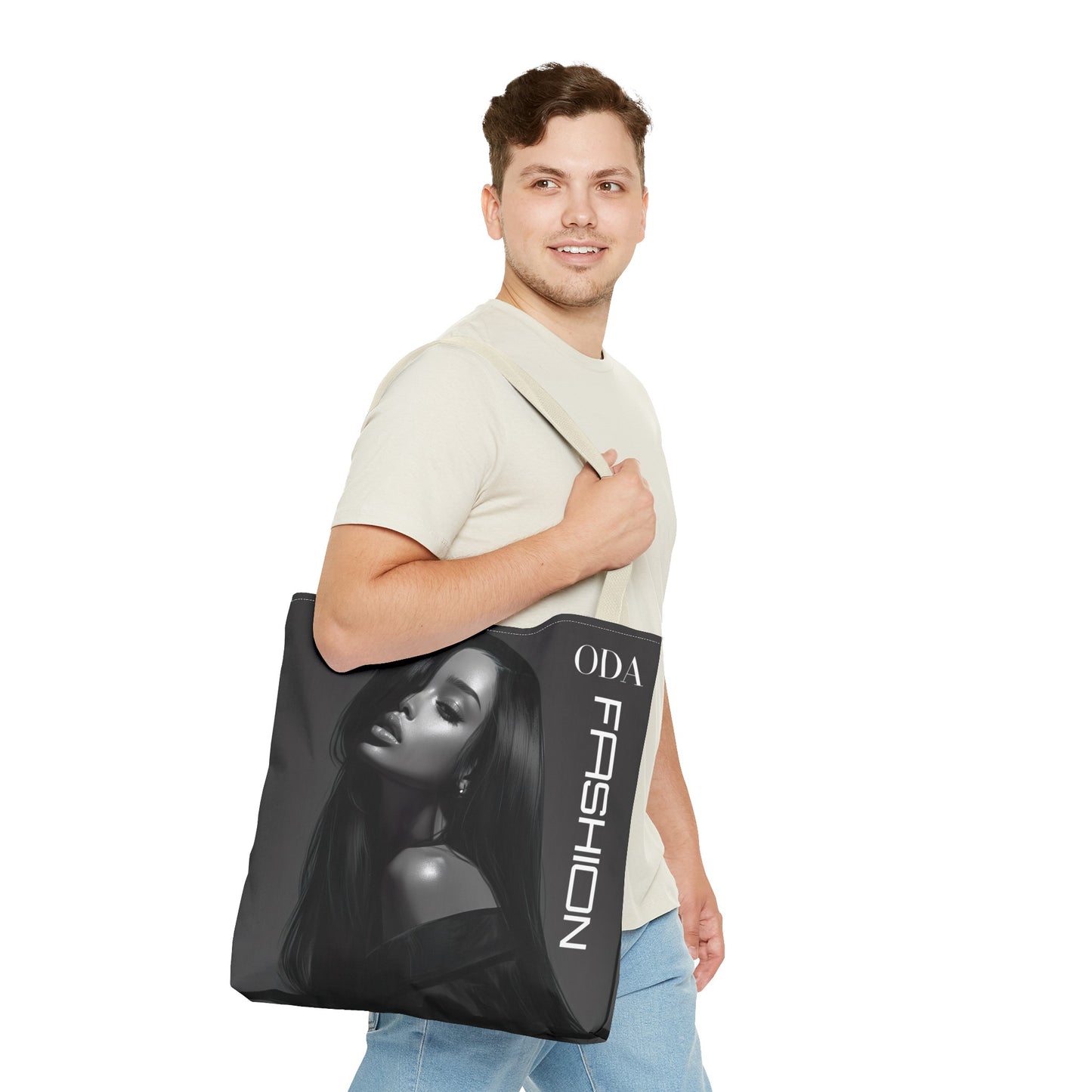 Chic Tote Bag with Digital Print - Woman in Black and Grey - 'ODA Fashion' Statement Piece - Unique Gift Idea - On Trend