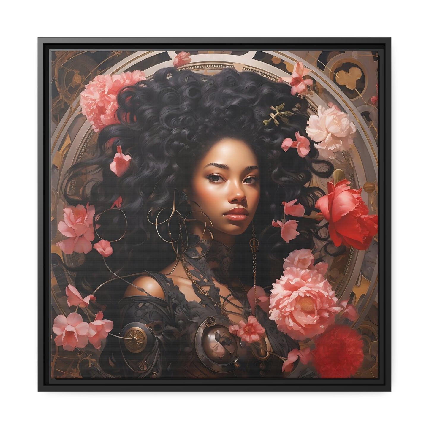 Afrofuturisme canvas digitale kunst van een mooie vrouw met bloemen - mat canvas, zwart frame, kunst aan de muur, cadeau-ideeën, zwarte kunst