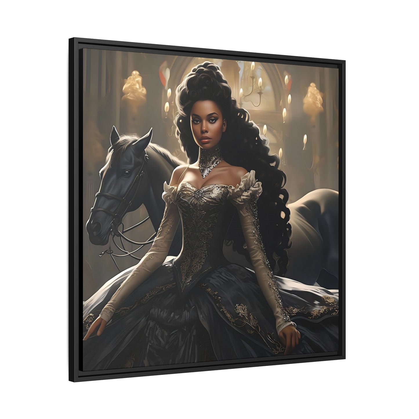 Enchanting Digital Canvas Print of a Beautiful Black Princess with Her Horse - Canvas, Black Frame - Wall Art - Fairytale Ai Art