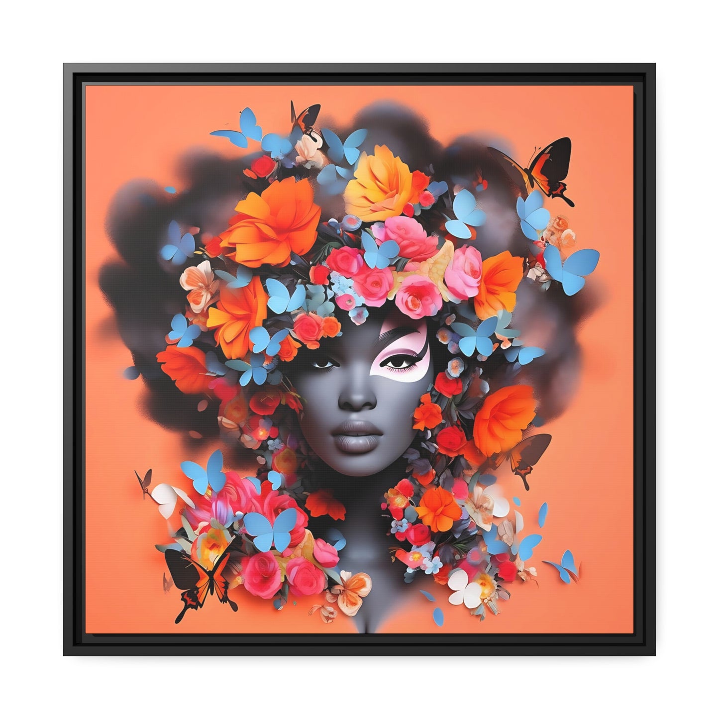 Modern Wall Decor - Black Woman Art with Floral AccentsMatte Canvas, Black Frame