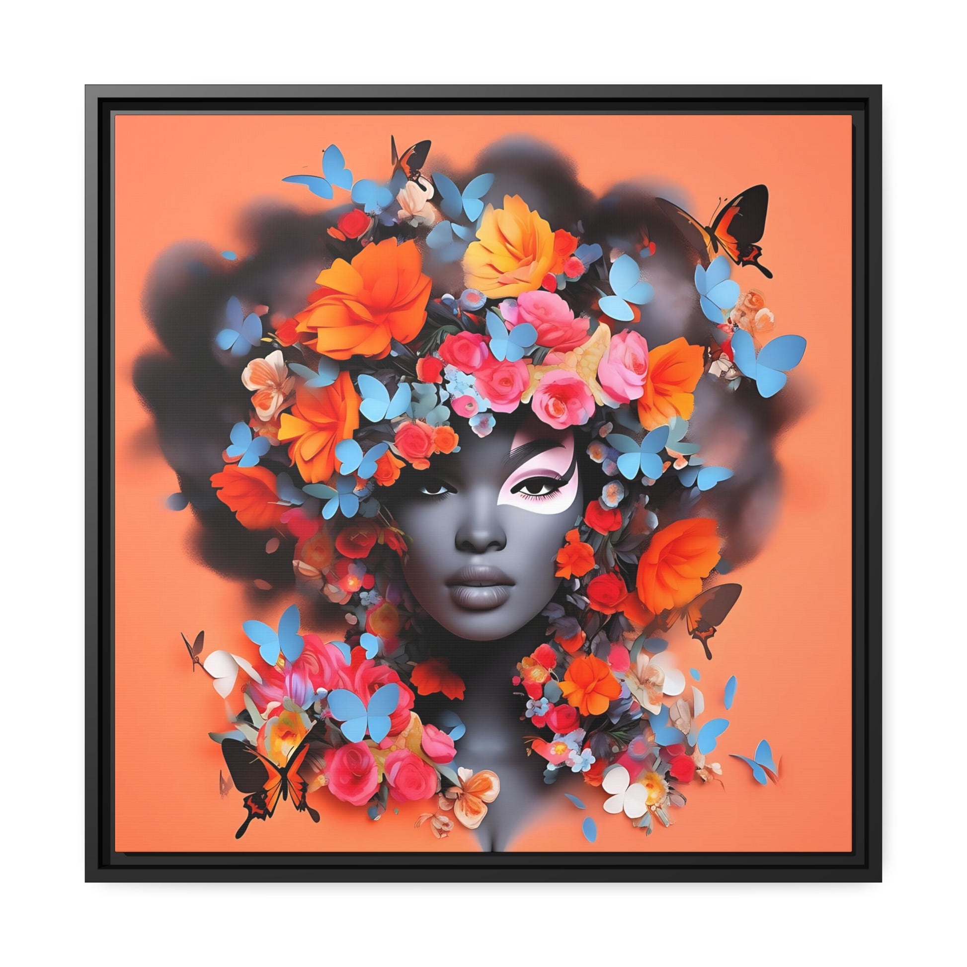 Modern Wall Decor - Black Woman Art with Floral AccentsMatte Canvas, Black Frame - Owndigiart