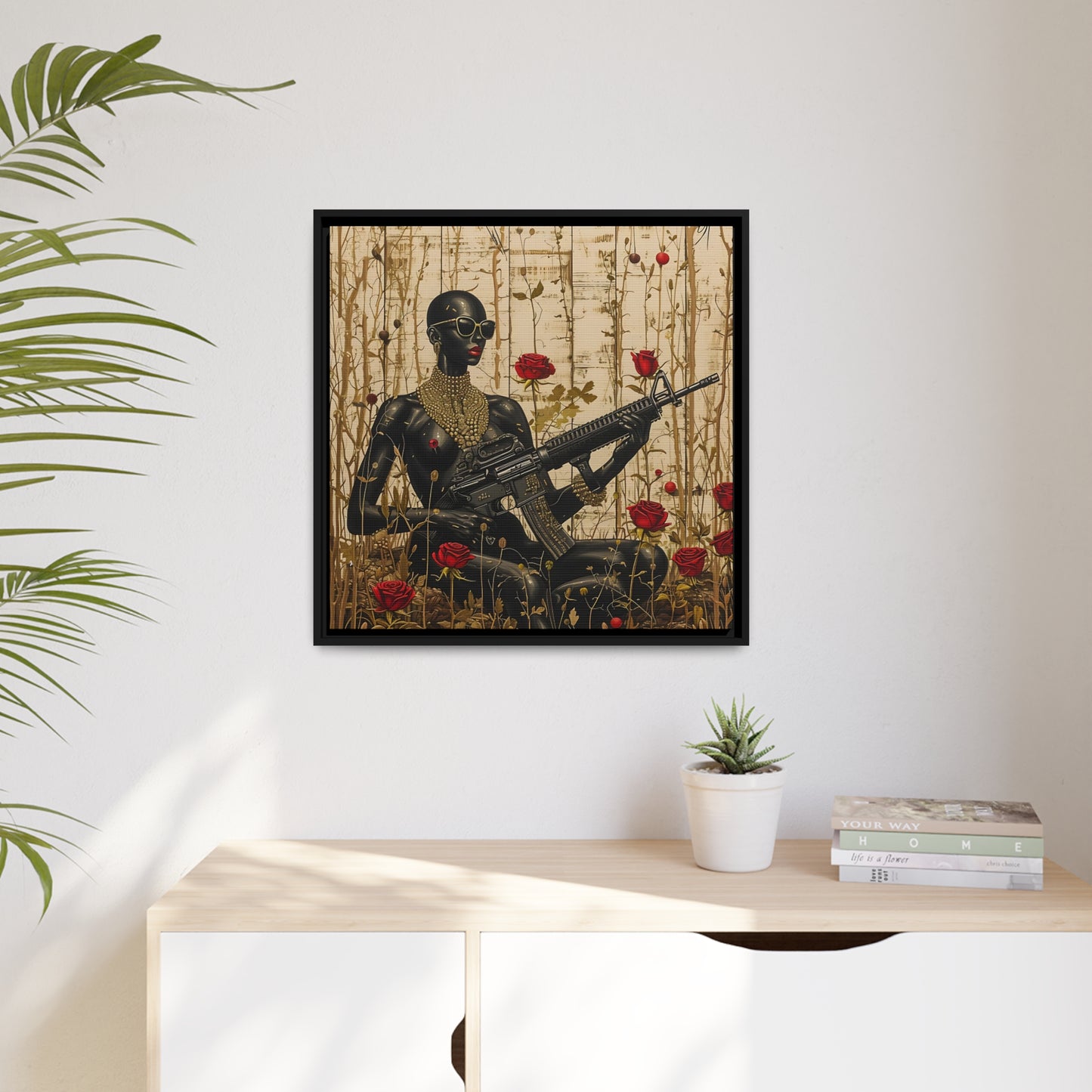 Empowering African Woman Canvas Print - Artistic Setting with Red Roses - Matte Canvas, Black Frame