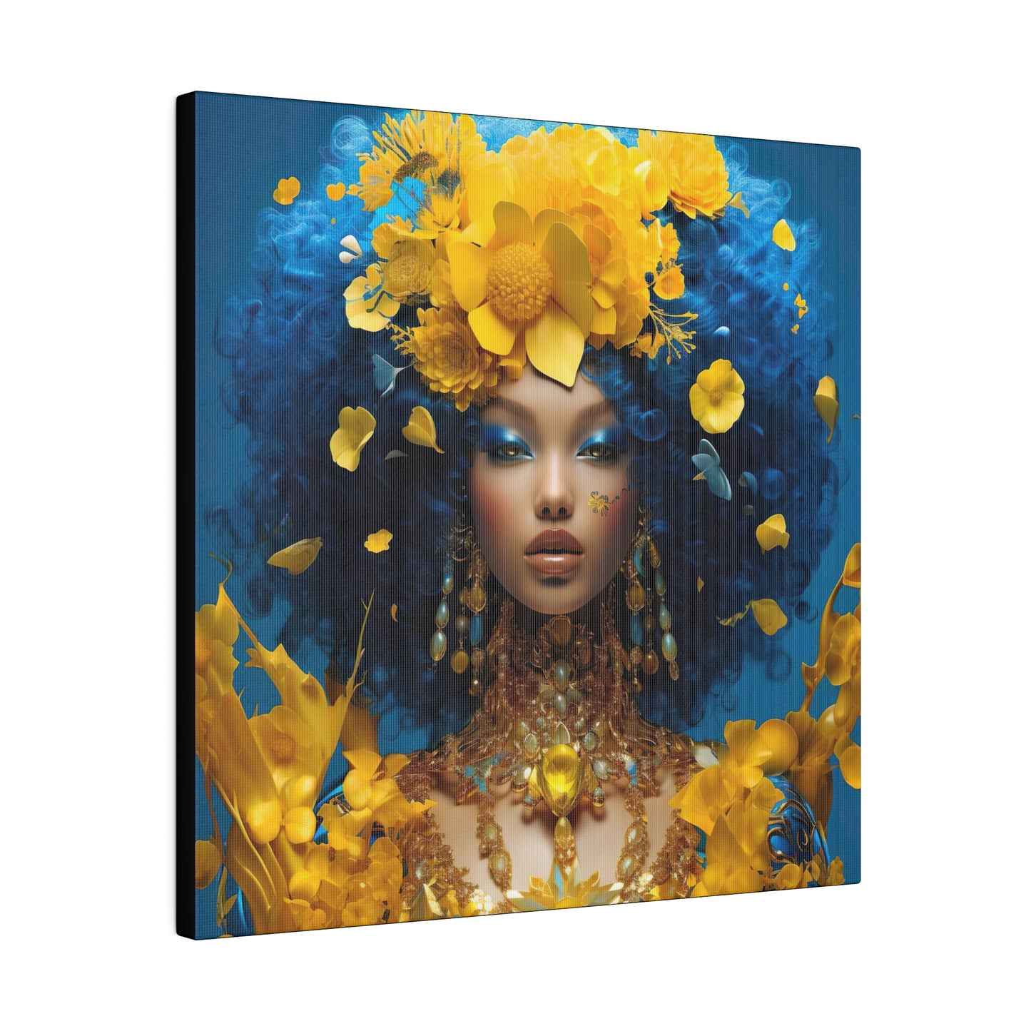 Oogverblindende digitale canvasprint: mooie vrouw met blauw haar en gouden juwelen - hedendaagse kunst aan de muur decor - mat canvas, uitgerekt, 0,75"