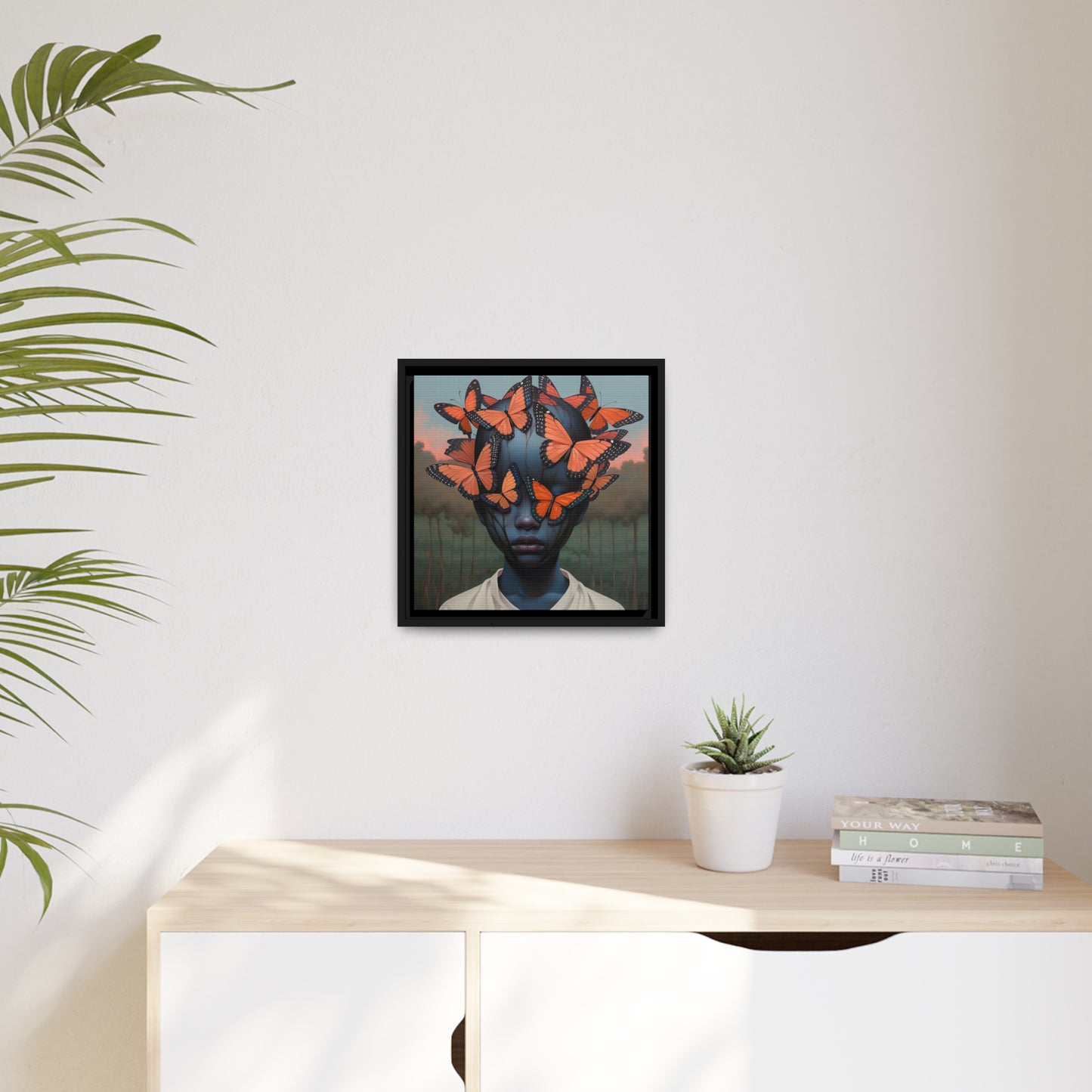 Emotionele digitale canvasprint: Emotioneel vlindergezicht - Uniek kunstdecor aan de muur - Mat canvas, zwart frame