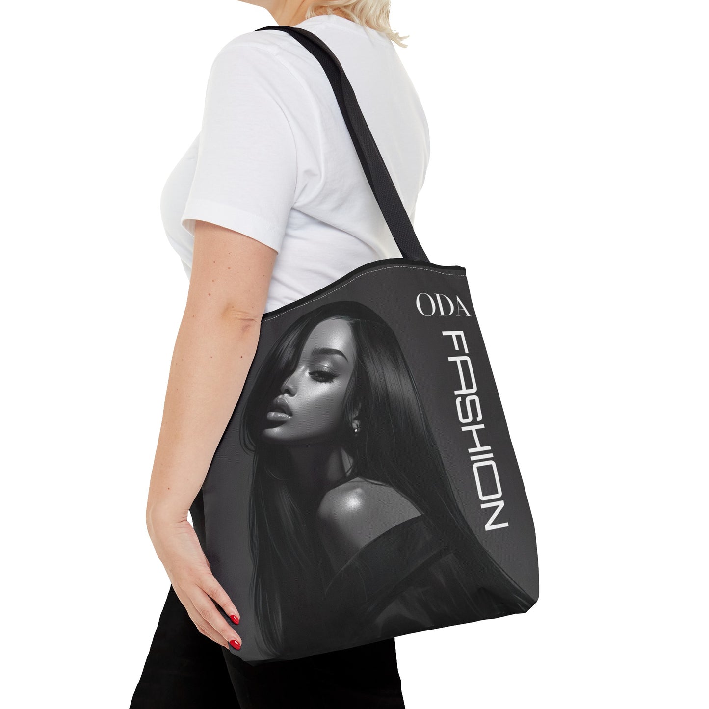 Chic Tote Bag with Digital Print - Woman in Black and Grey - 'ODA Fashion' Statement Piece - Unique Gift Idea - On Trend