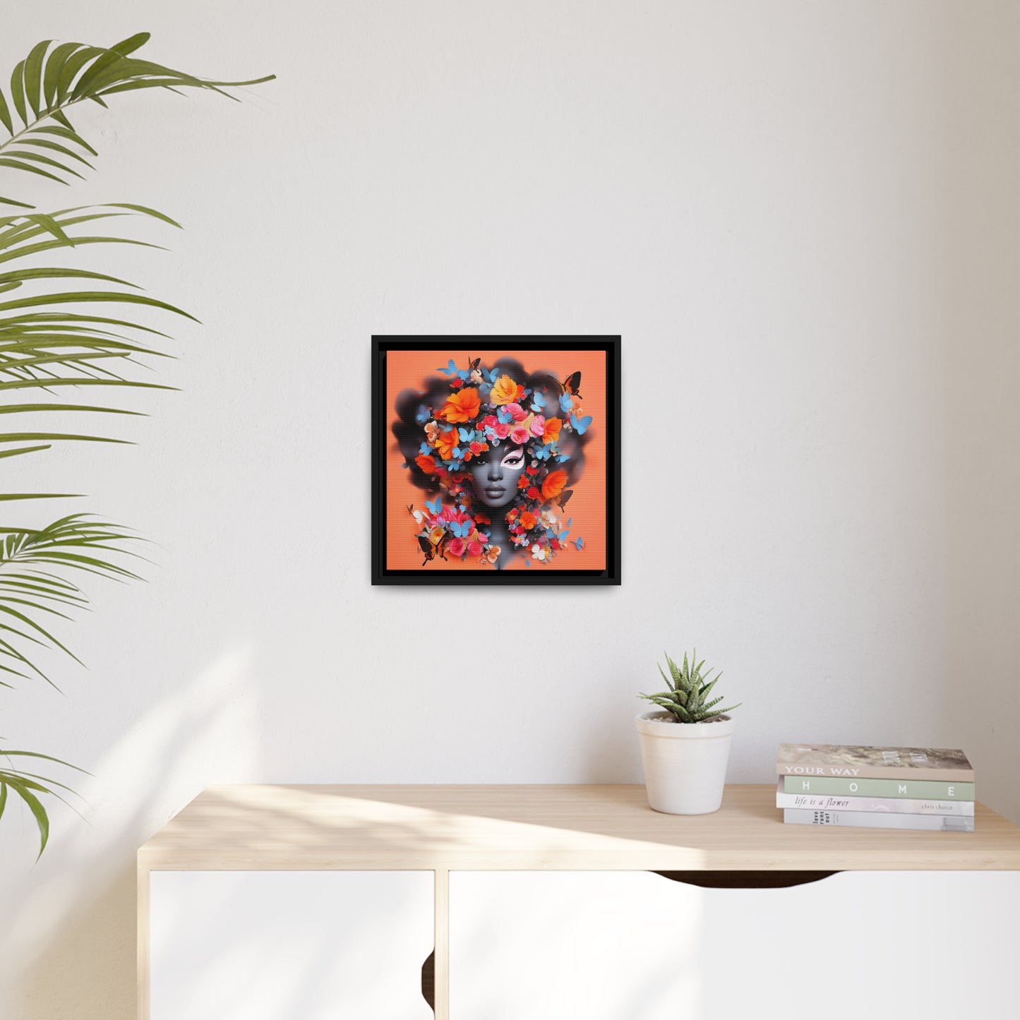 Modern Wall Decor - Black Woman Art with Floral AccentsMatte Canvas, Black Frame