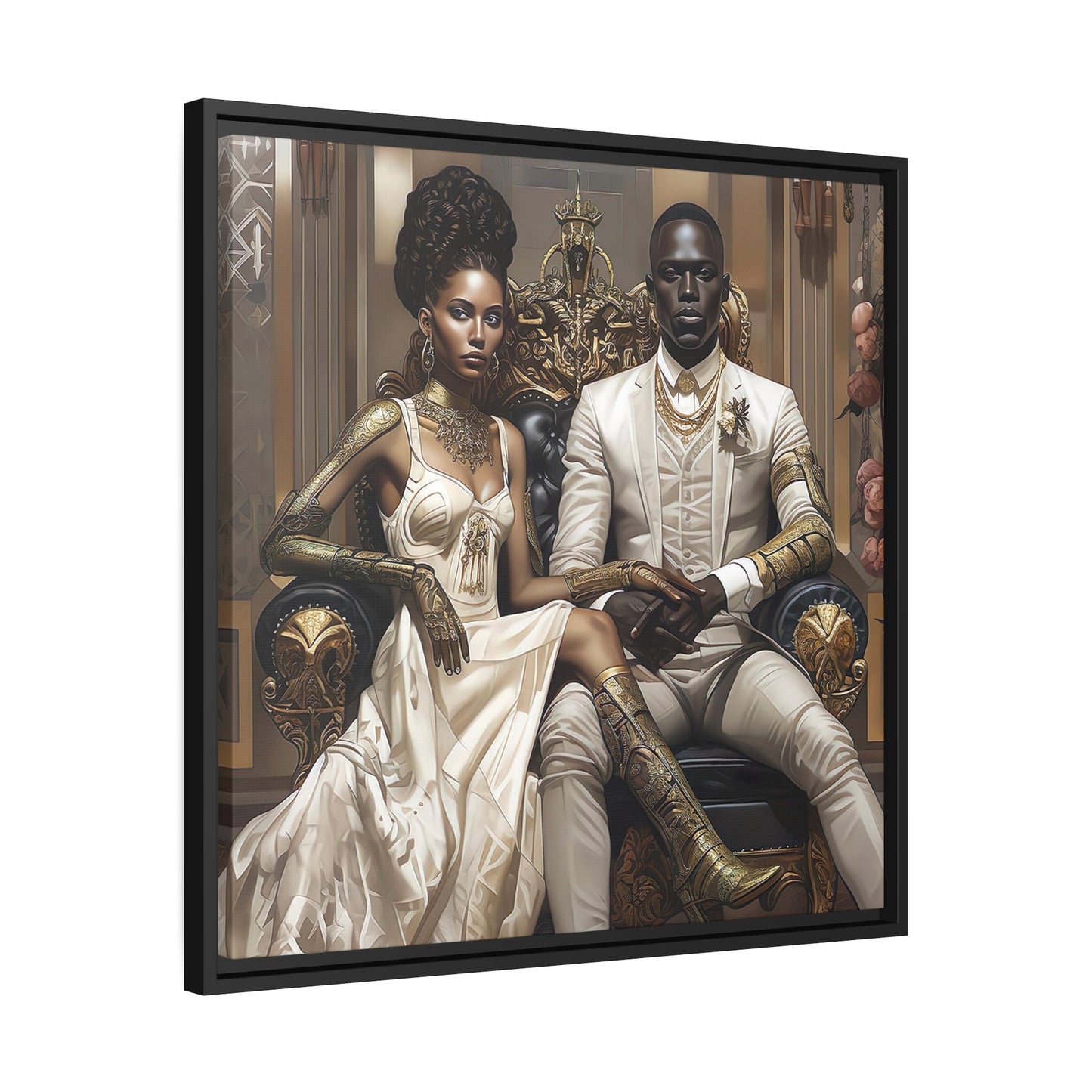 Regal Couple Matte Canvas, Black Frame - Wall Art - Black Art - Ai Art --- Wall Art - Afrofuturism