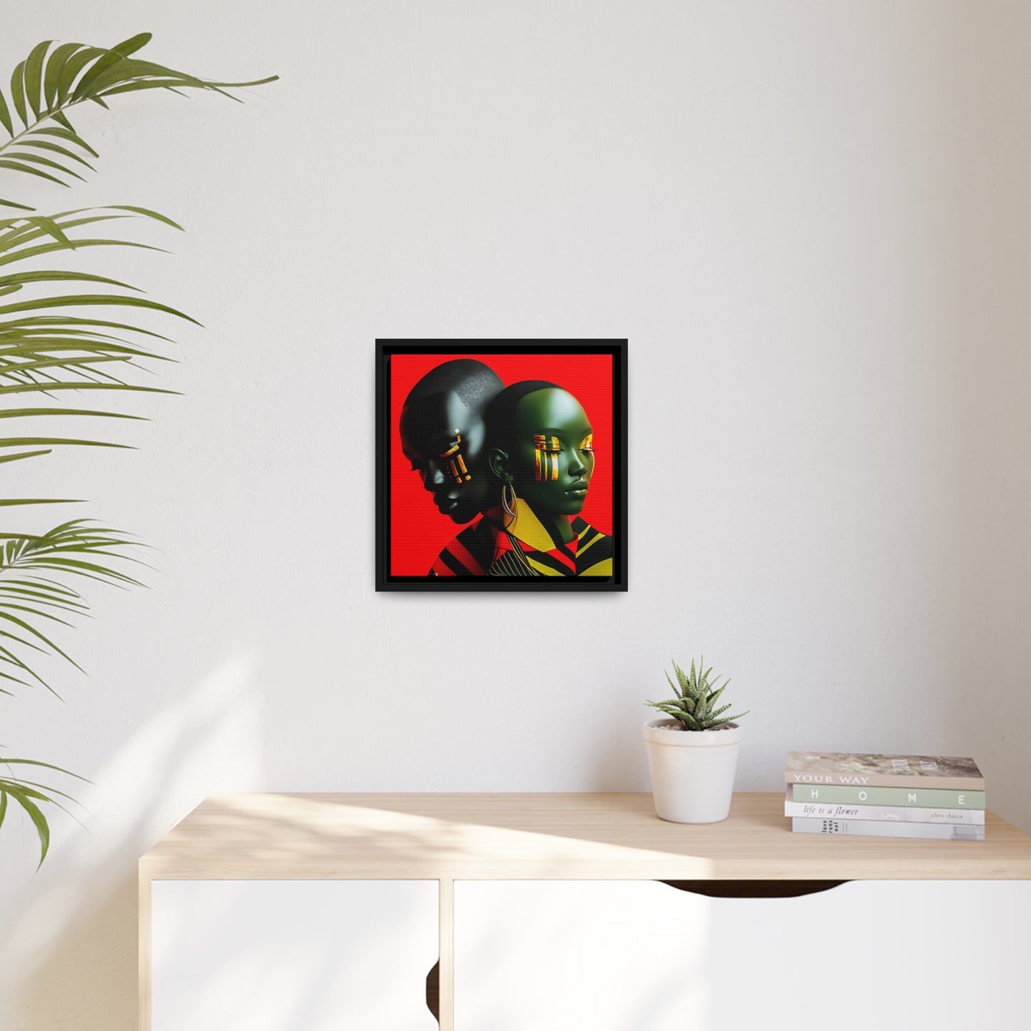 Moderne abstracte canvas print van zwart koppel - rood, goud, groen, zwarte kunst - hedendaagse wanddecoratie - mat canvas, zwart frame