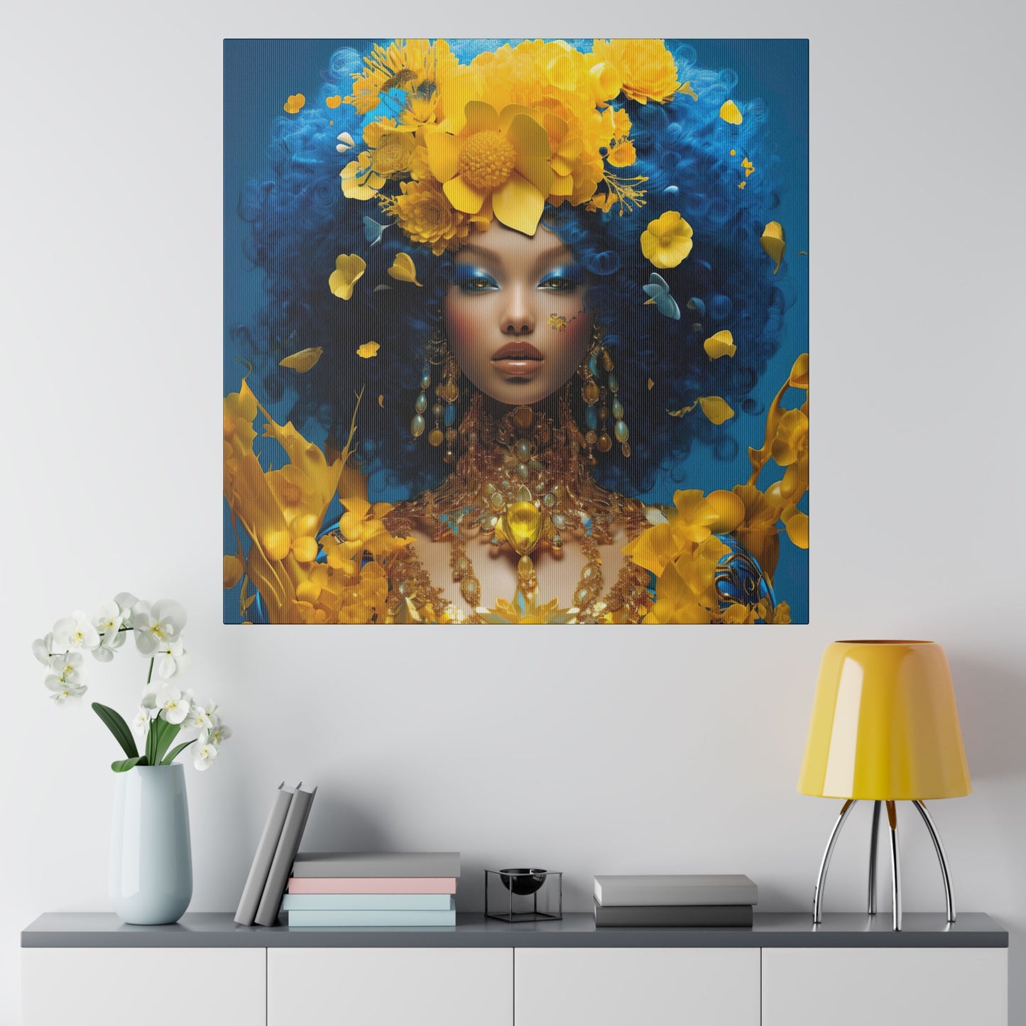 Oogverblindende digitale canvasprint: mooie vrouw met blauw haar en gouden juwelen - hedendaagse kunst aan de muur decor - mat canvas, uitgerekt, 0,75"