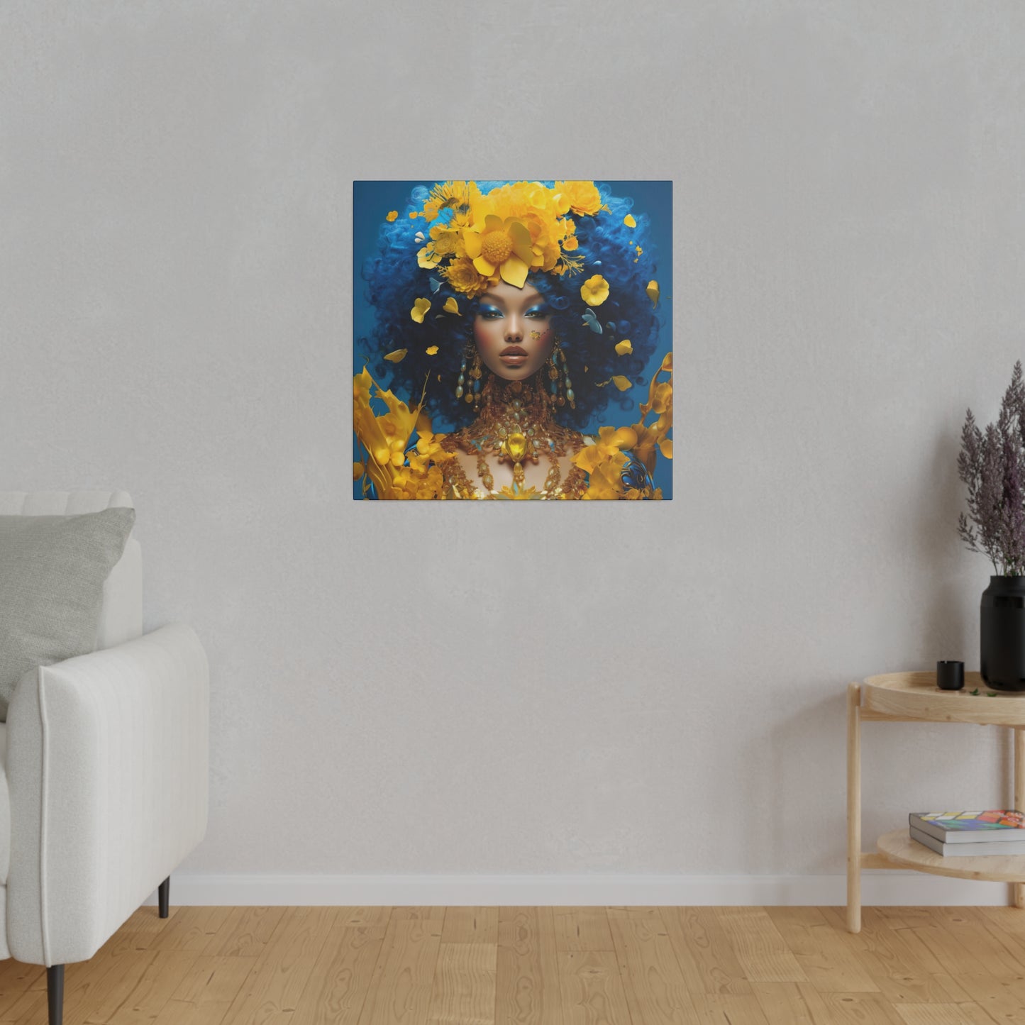 Oogverblindende digitale canvasprint: mooie vrouw met blauw haar en gouden juwelen - hedendaagse kunst aan de muur decor - mat canvas, uitgerekt, 0,75"