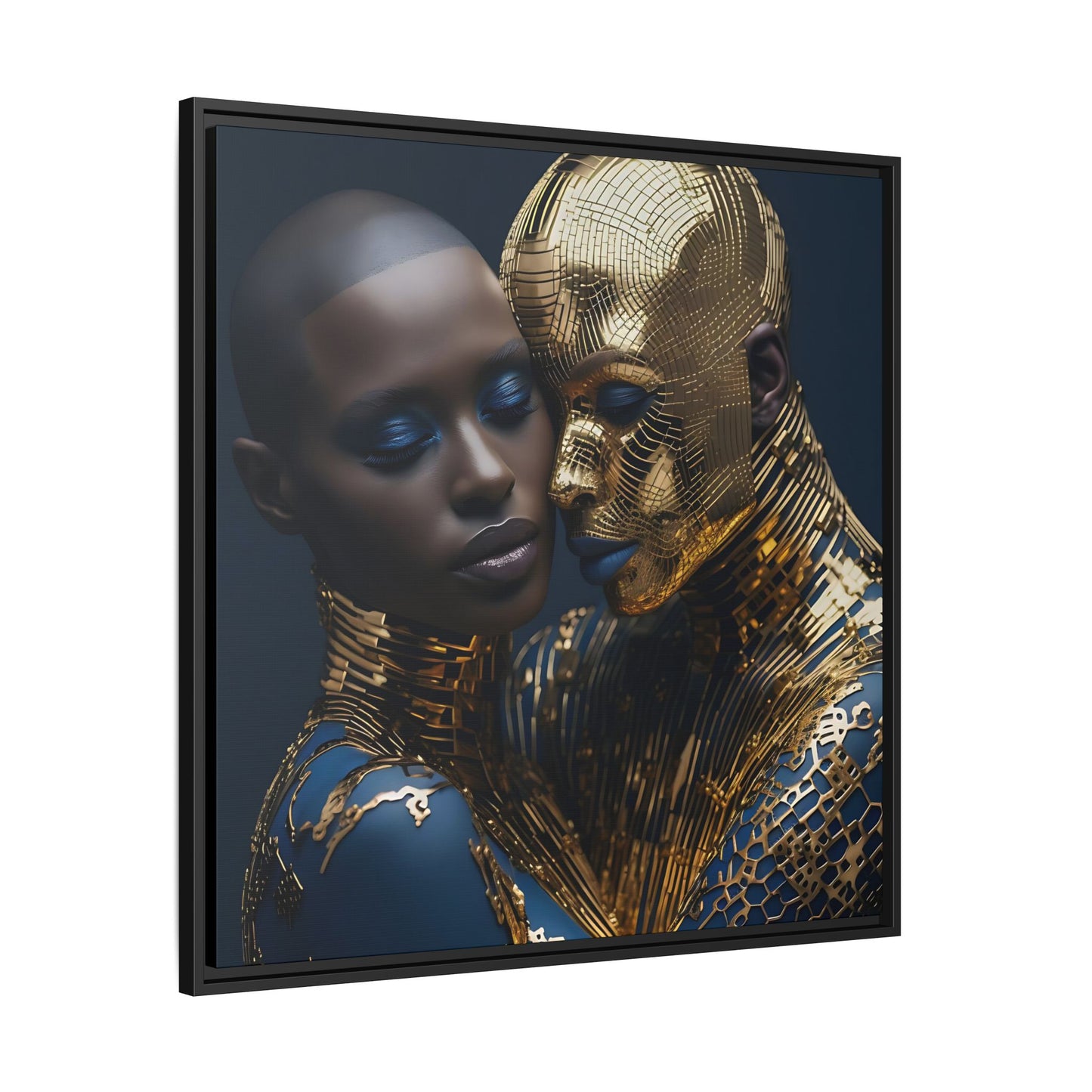 Golden Embrace - Black Couple Digital Canvas Print - Gold and Navy Decor -  Matte Canvas, Black Frame - Wall Art - Gift Ideas