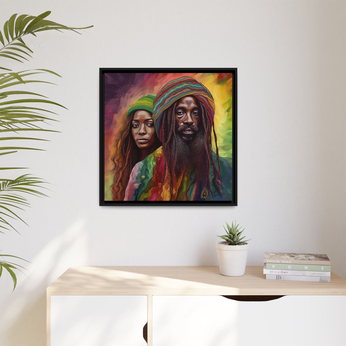 Rasta Couple Canvas Print in Red Yellow Green - Matte Canvas, Black Frame - Jamaican Inspired Wall Art - Home Decor