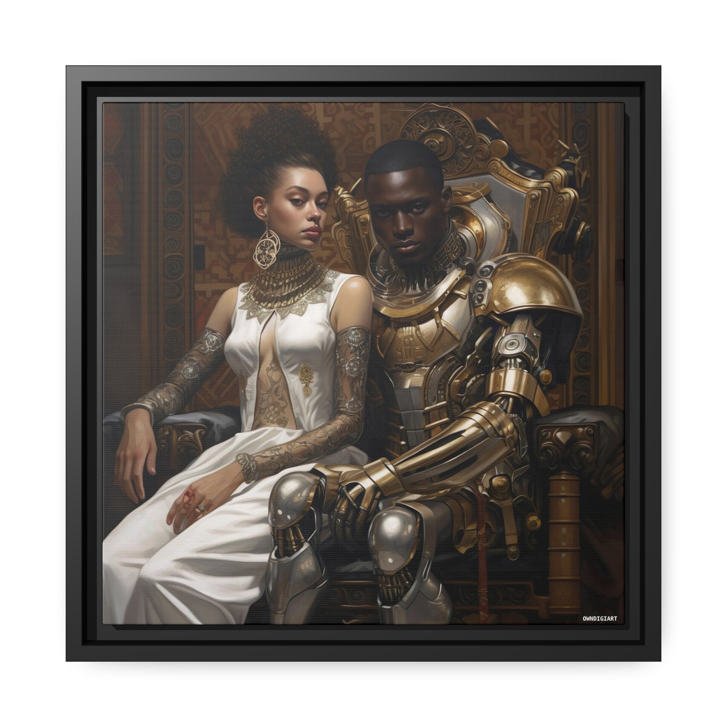 Regal Couple 03 mat canvas, zwart frame - muurkunst - zwarte kunst - Ai Art --- muurkunst - afrofuturisme - cyberkunst - moderne kunst