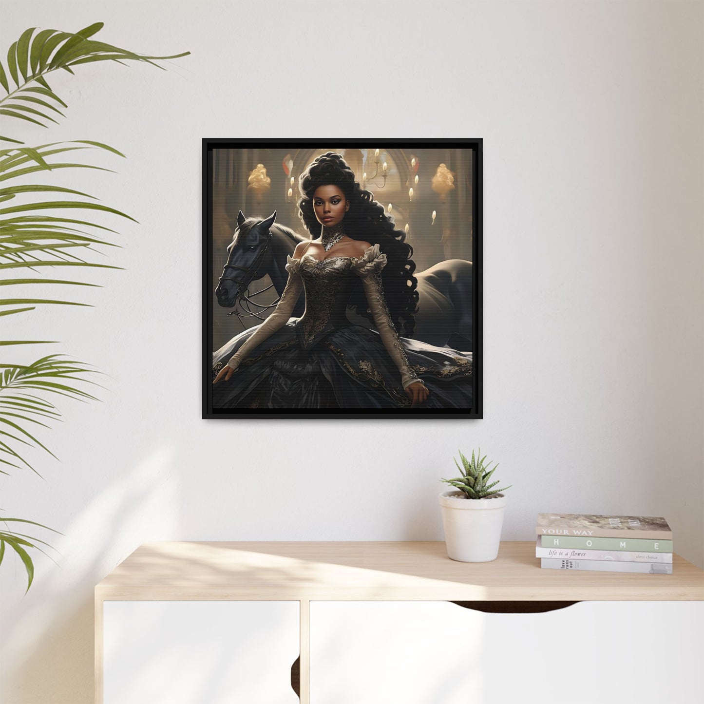 Enchanting Digital Canvas Print of a Beautiful Black Princess with Her Horse - Canvas, Black Frame - Wall Art - Fairytale Ai Art