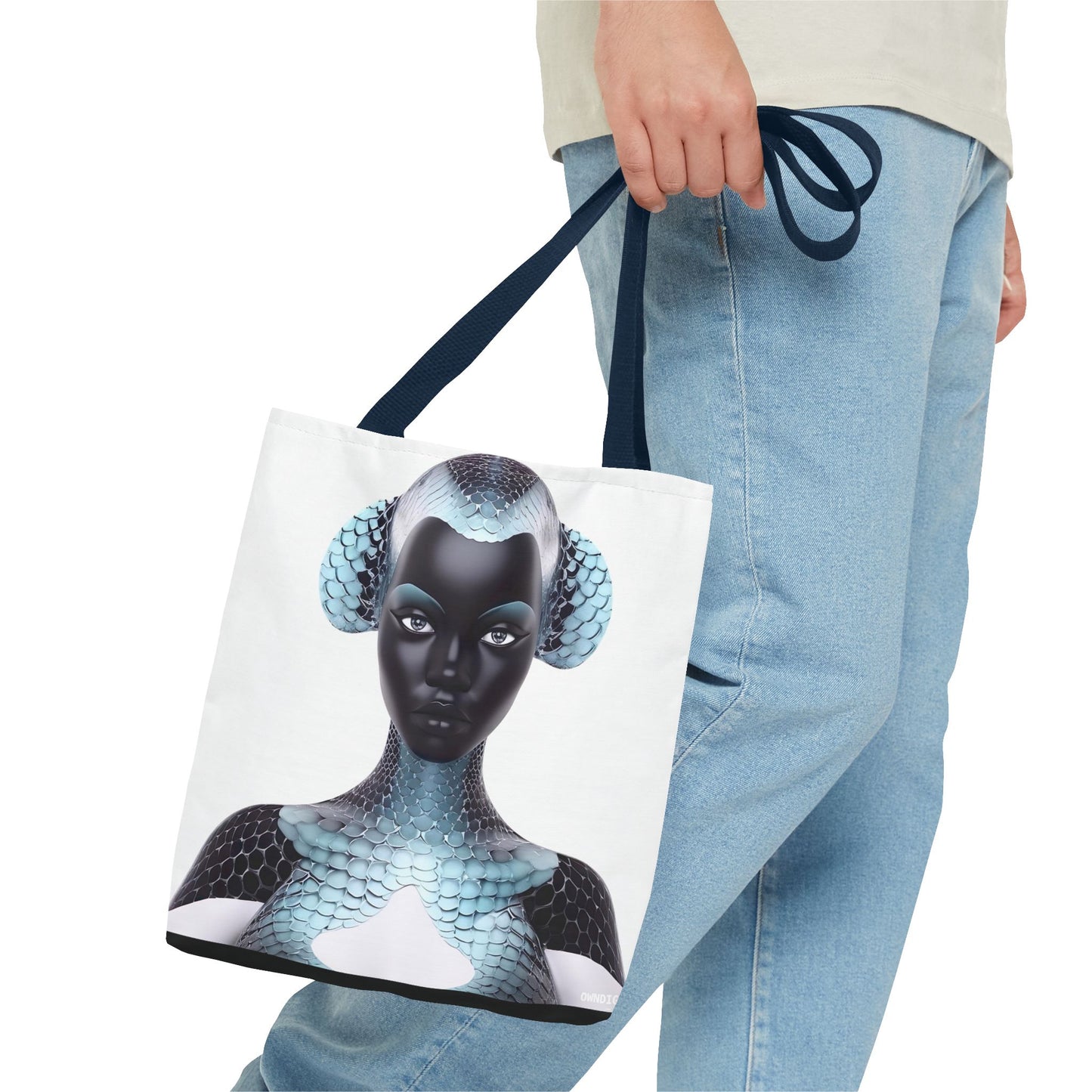 Blue Texture - AI Art - Abstract Woman with Fish Scale Textures - Tote Bag - Gift Idea - Fashion Accessories - Black Art