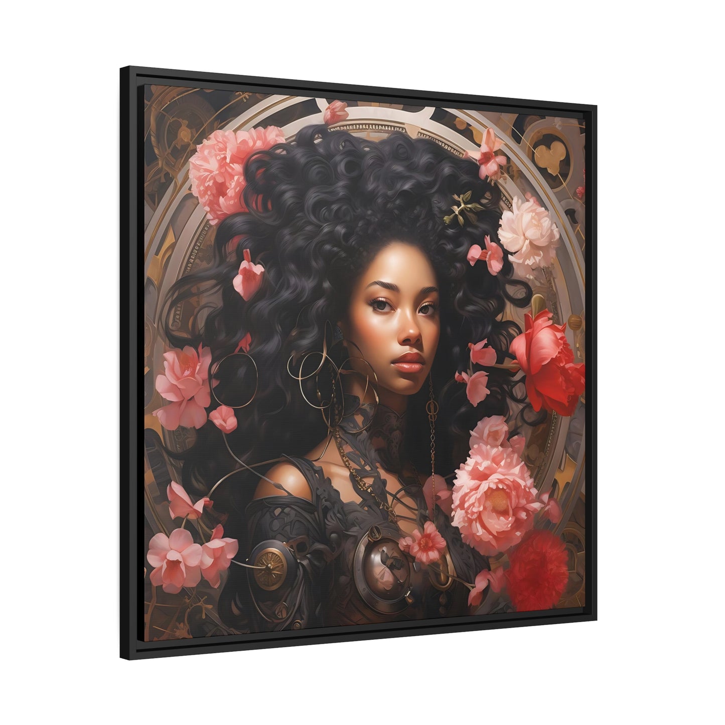 Afrofuturisme canvas digitale kunst van een mooie vrouw met bloemen - mat canvas, zwart frame, kunst aan de muur, cadeau-ideeën, zwarte kunst