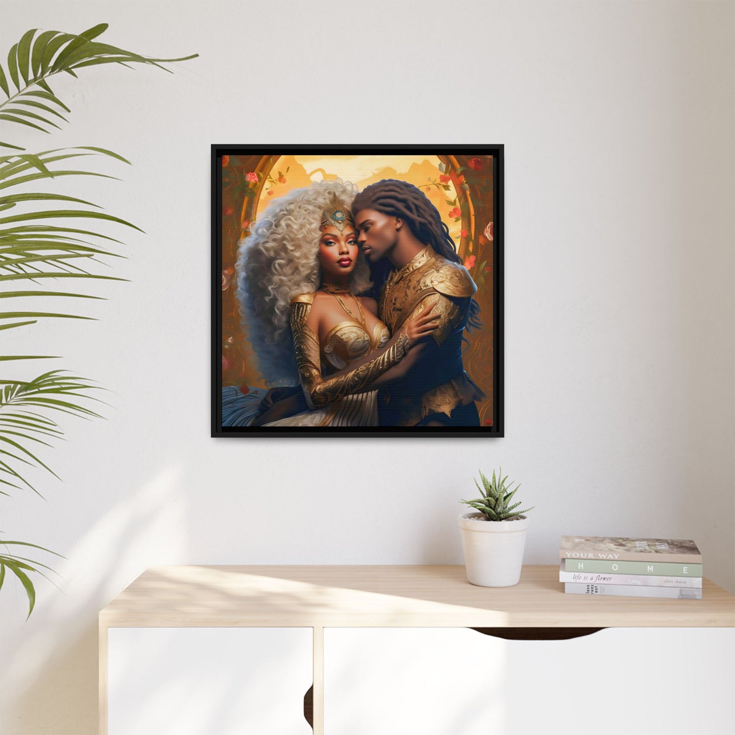 Black Goddess and Prince Fantasy Gold Digital Canvas Print - Matte Canvas, Black Frame - Wall Art - Black Fantasy - Art - Home Decor