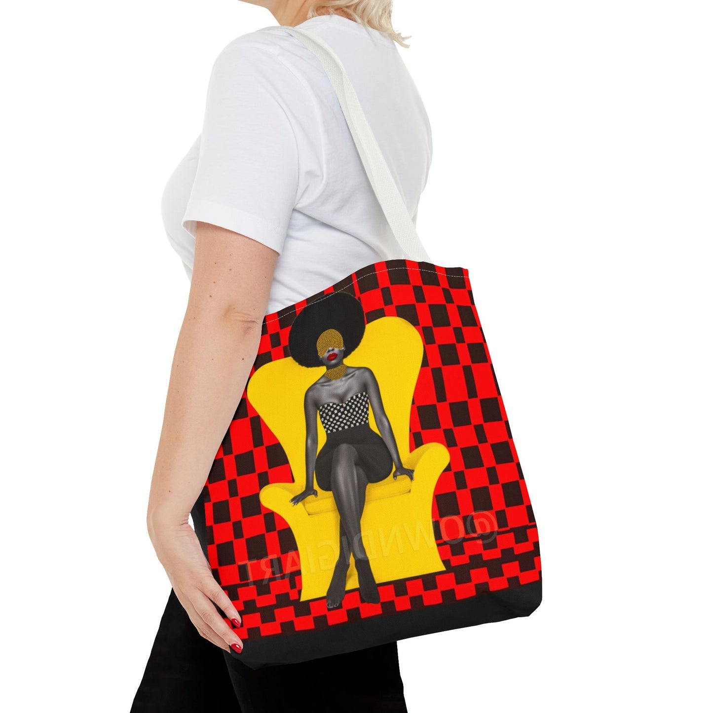 Afrocentric Abstract Print - Elegant Woman with Afro on Chair - Tote Bag - Gift Idea - Fashion Accessory