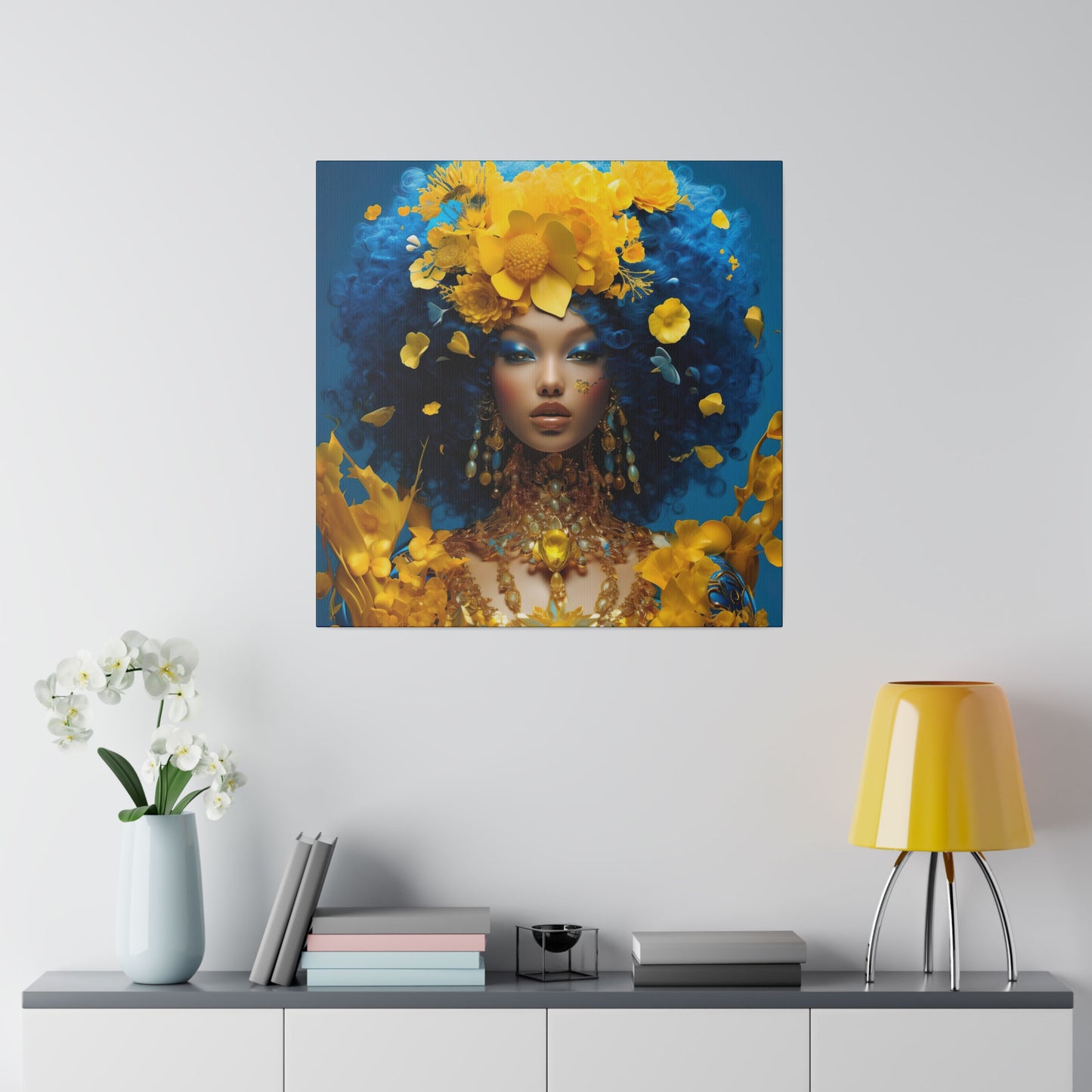 Oogverblindende digitale canvasprint: mooie vrouw met blauw haar en gouden juwelen - hedendaagse kunst aan de muur decor - mat canvas, uitgerekt, 0,75"