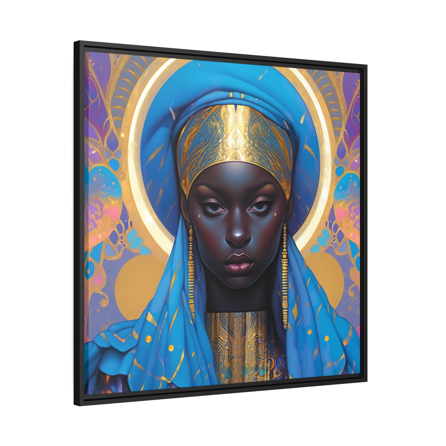 Betoverende blauwe en gouden surrealistische canvasprint - mat canvas, zwart frame