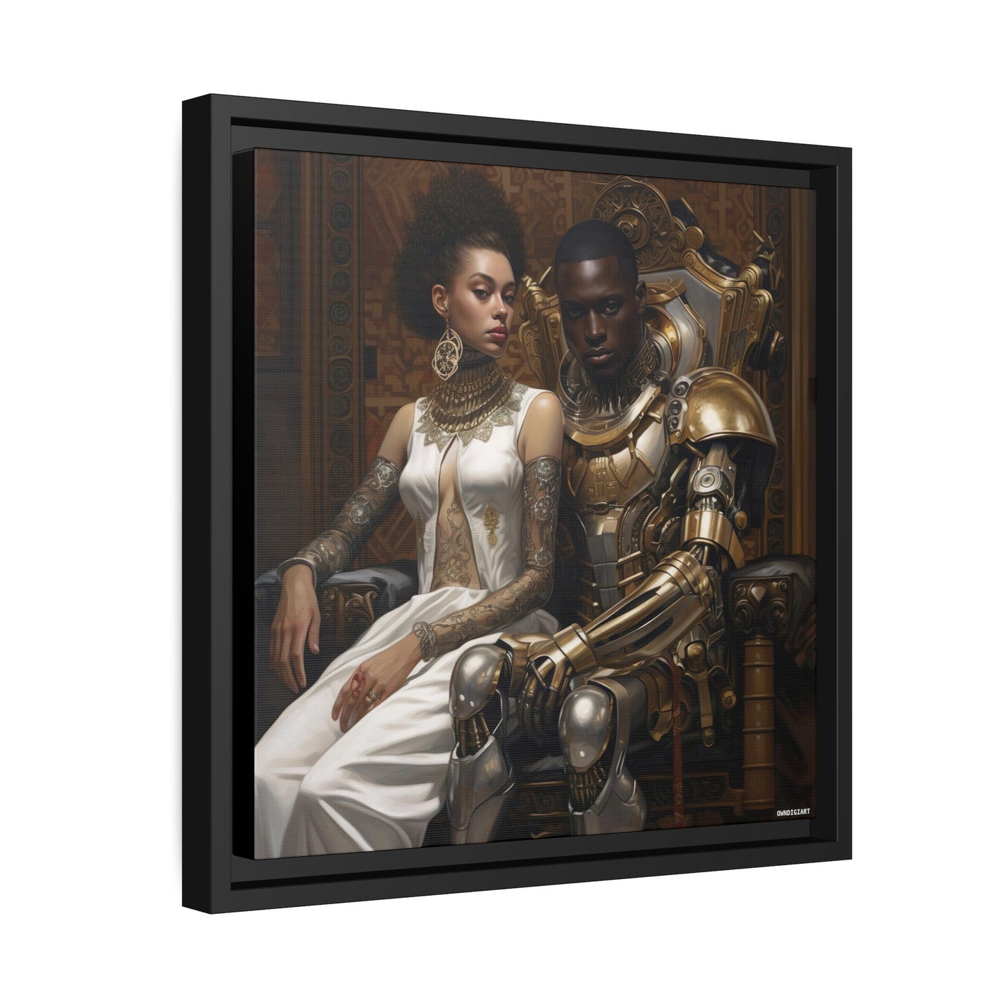 Regal Couple 03 Matte Canvas, Black Frame - Wall Art - Black Art - Ai Art --- Wall Art - Afrofuturism - Cyber Art - Modern Art