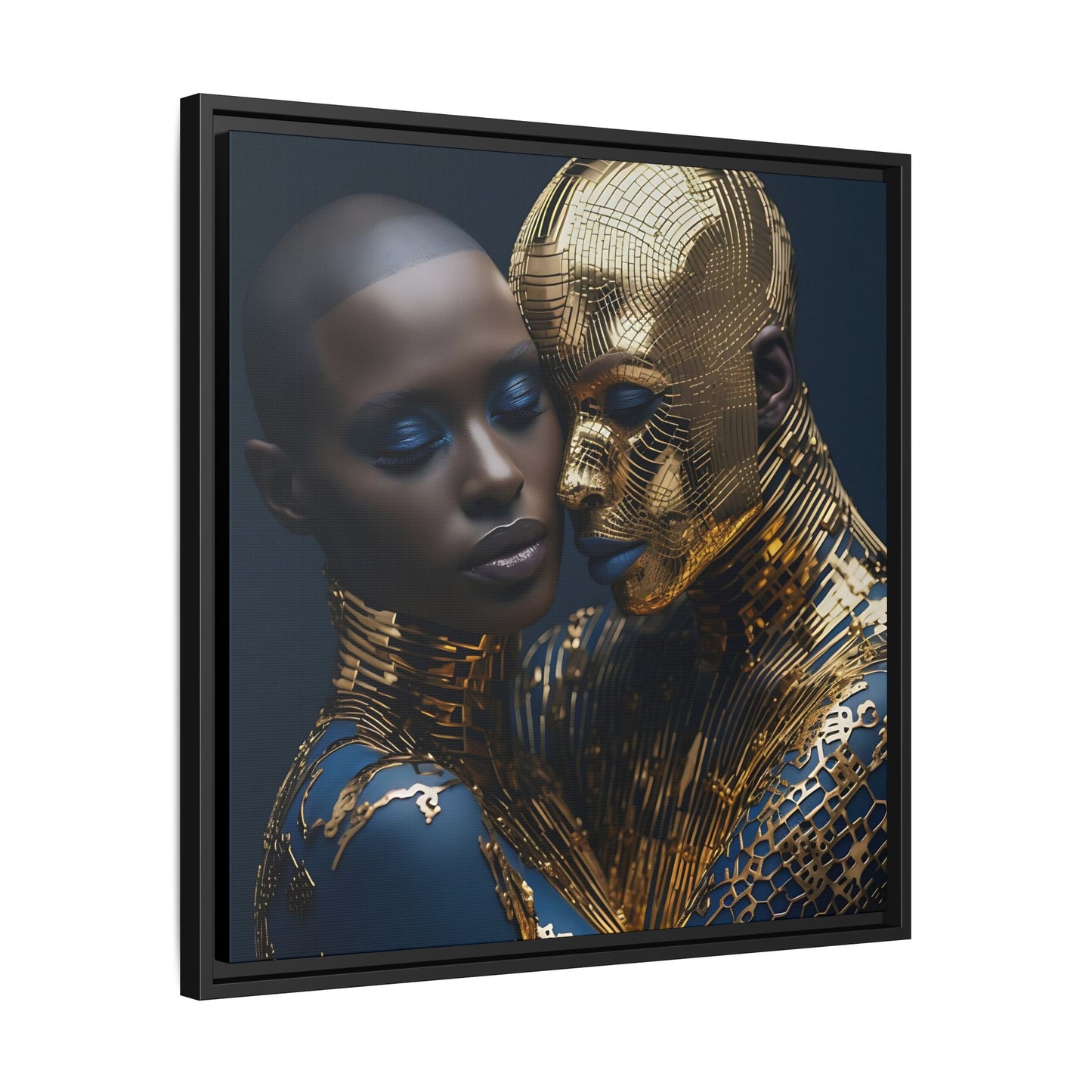 Golden Embrace - Black Couple Digital Canvas Print - Gold and Navy Decor -  Matte Canvas, Black Frame - Wall Art - Gift Ideas