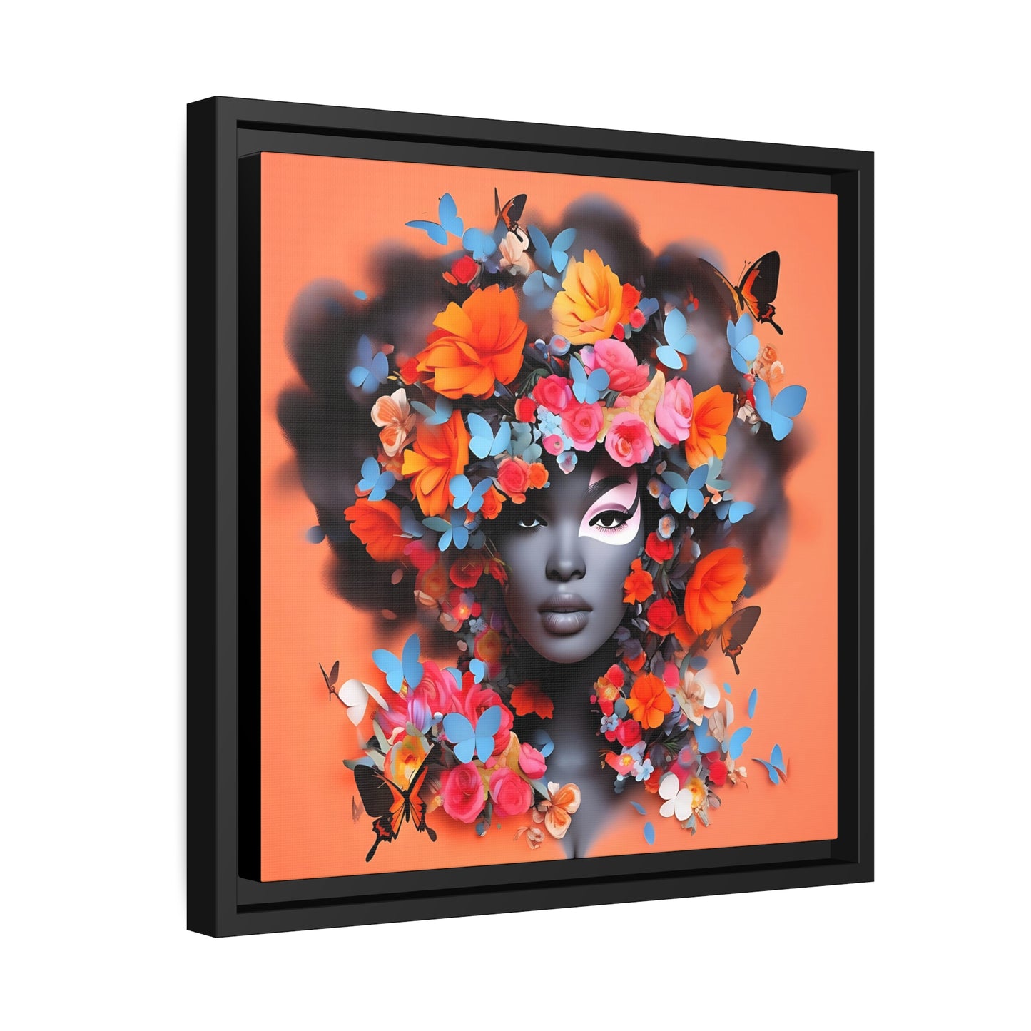 Modern Wall Decor - Black Woman Art with Floral AccentsMatte Canvas, Black Frame