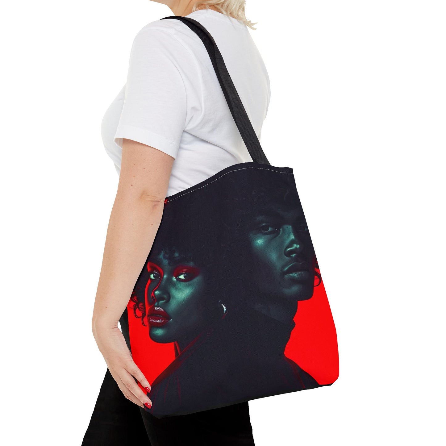 Retro Afro Couple Tote Bag - Stylish Red and Black Digital Print - Unique Fashion Accessory - Tote Bag (AOP) - Gift Idea