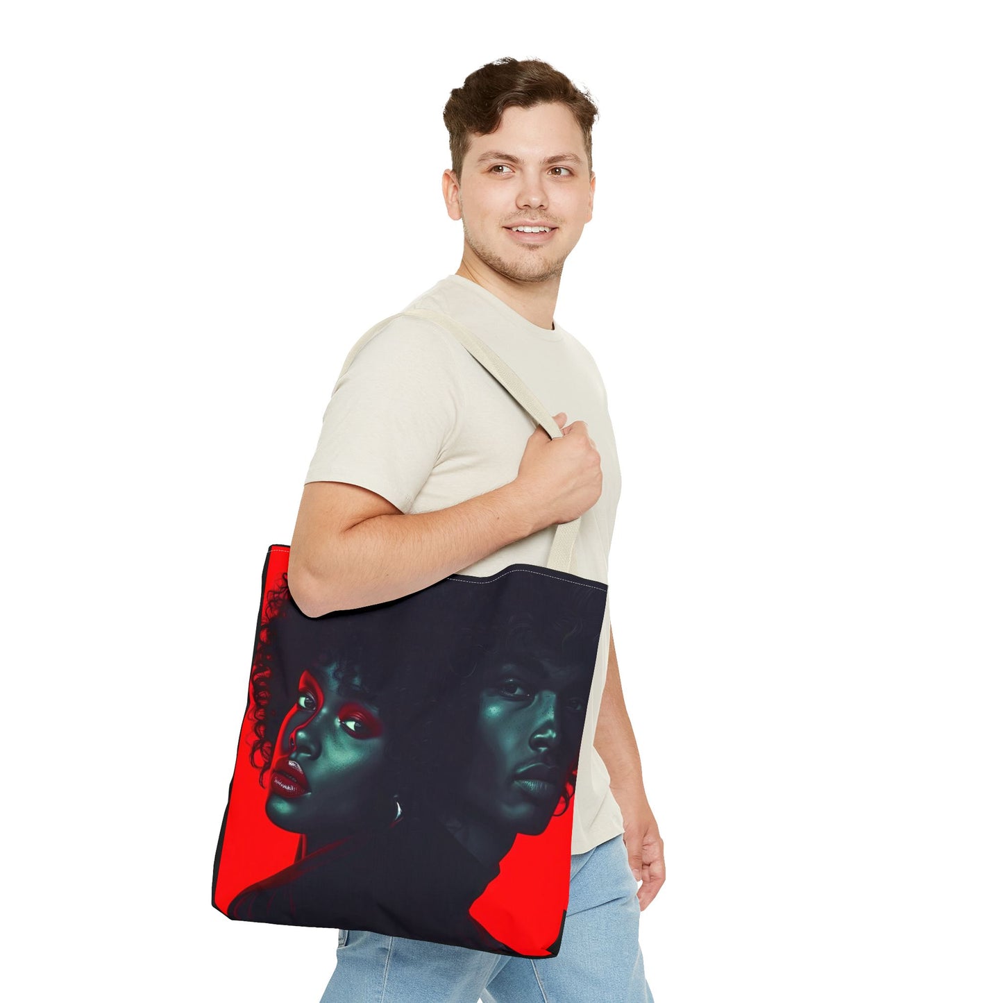 Retro Afro Couple Tote Bag - Stylish Red and Black Digital Print - Unique Fashion Accessory - Tote Bag (AOP) - Gift Idea