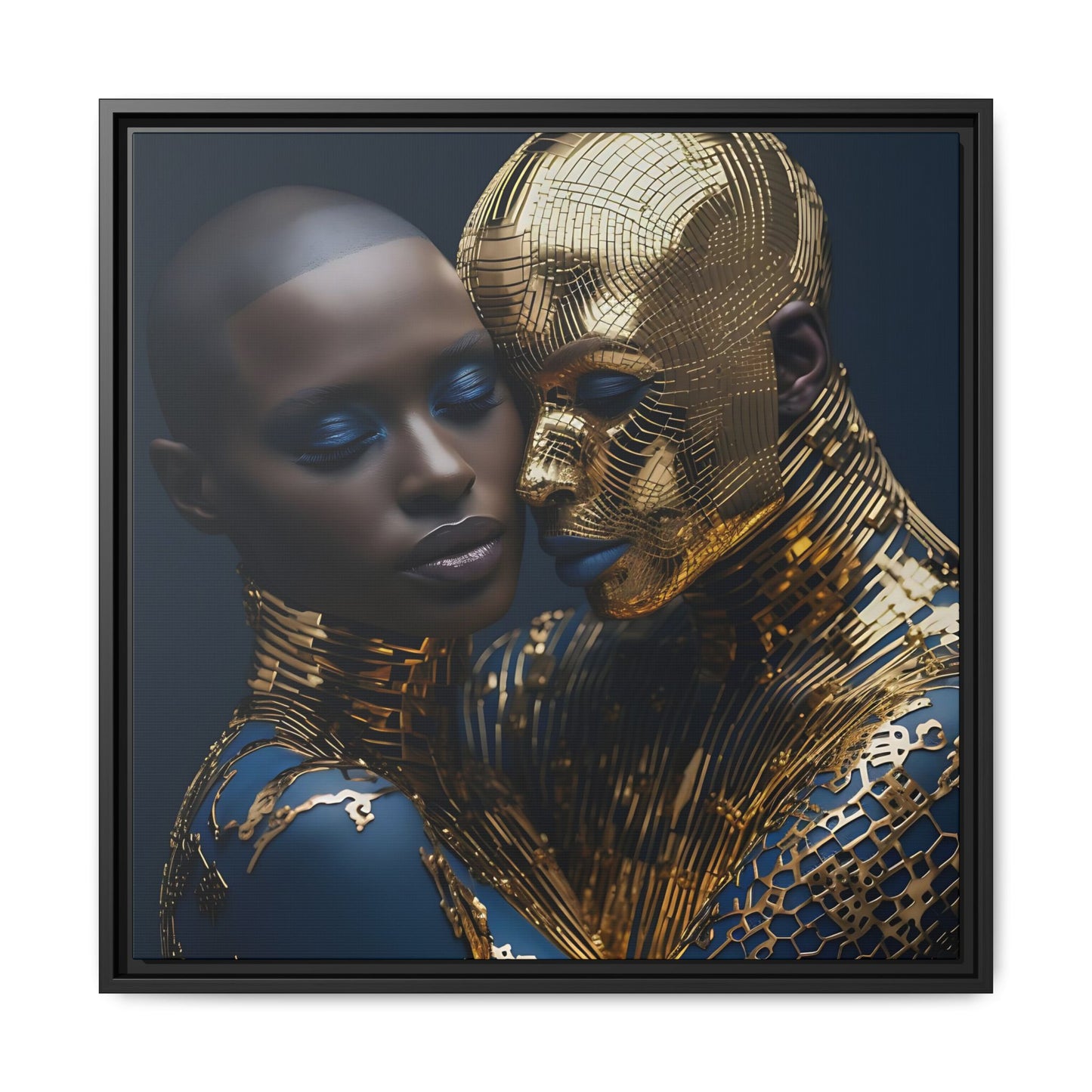 Golden Embrace - Black Couple Digital Canvas Print - Gold and Navy Decor -  Matte Canvas, Black Frame - Wall Art - Gift Ideas