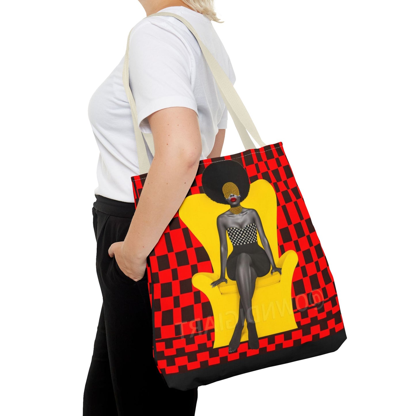 Afrocentric Abstract Print - Elegant Woman with Afro on Chair - Tote Bag - Gift Idea - Fashion Accessory