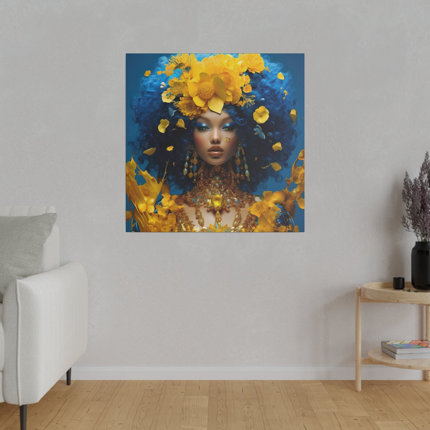 Oogverblindende digitale canvasprint: mooie vrouw met blauw haar en gouden juwelen - hedendaagse kunst aan de muur decor - mat canvas, uitgerekt, 0,75"