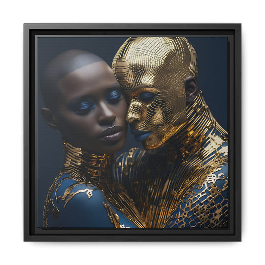 Golden Embrace - Black Couple Digital Canvas Print - Gold and Navy Decor -  Matte Canvas, Black Frame - Wall Art - Gift Ideas