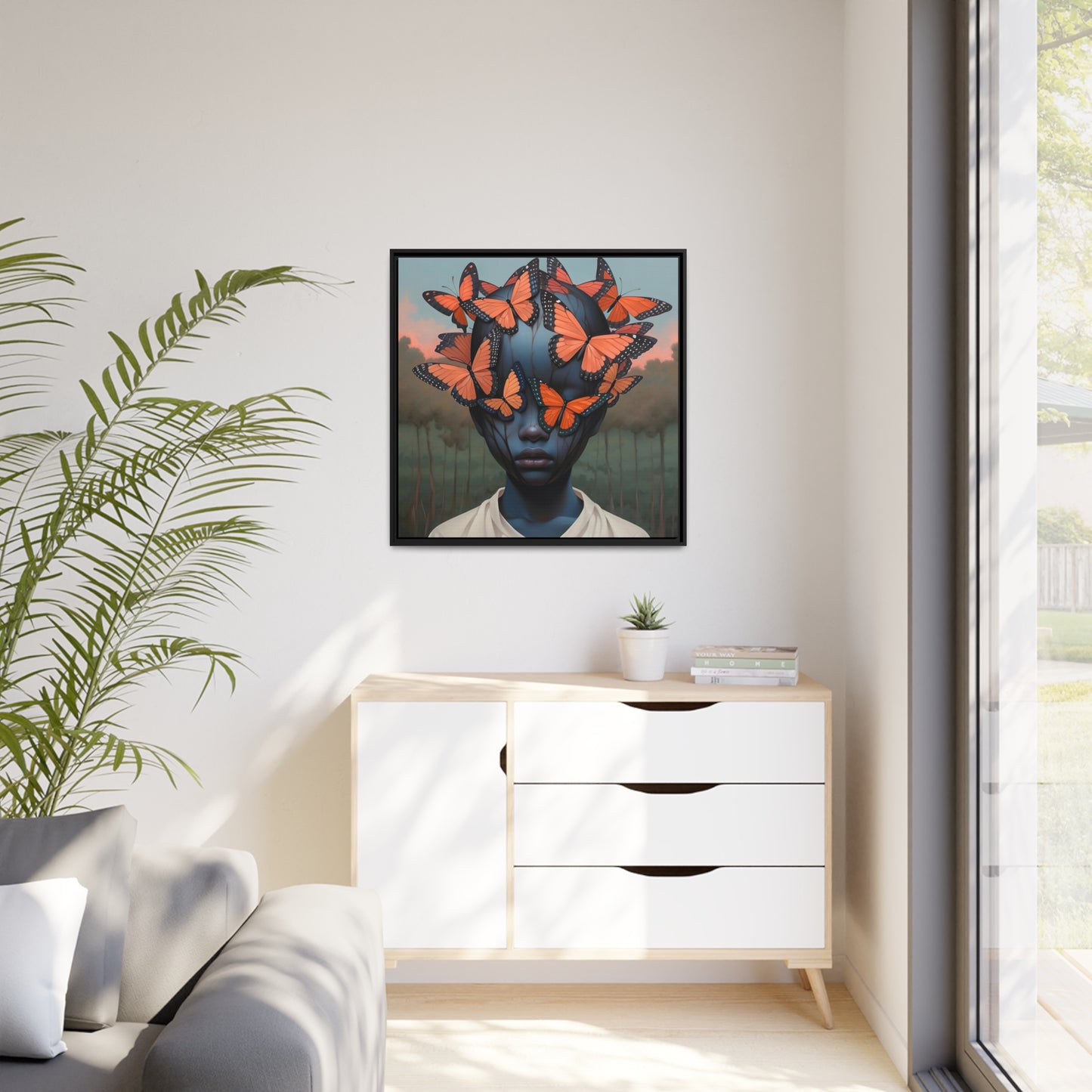 Emotionele digitale canvasprint: Emotioneel vlindergezicht - Uniek kunstdecor aan de muur - Mat canvas, zwart frame