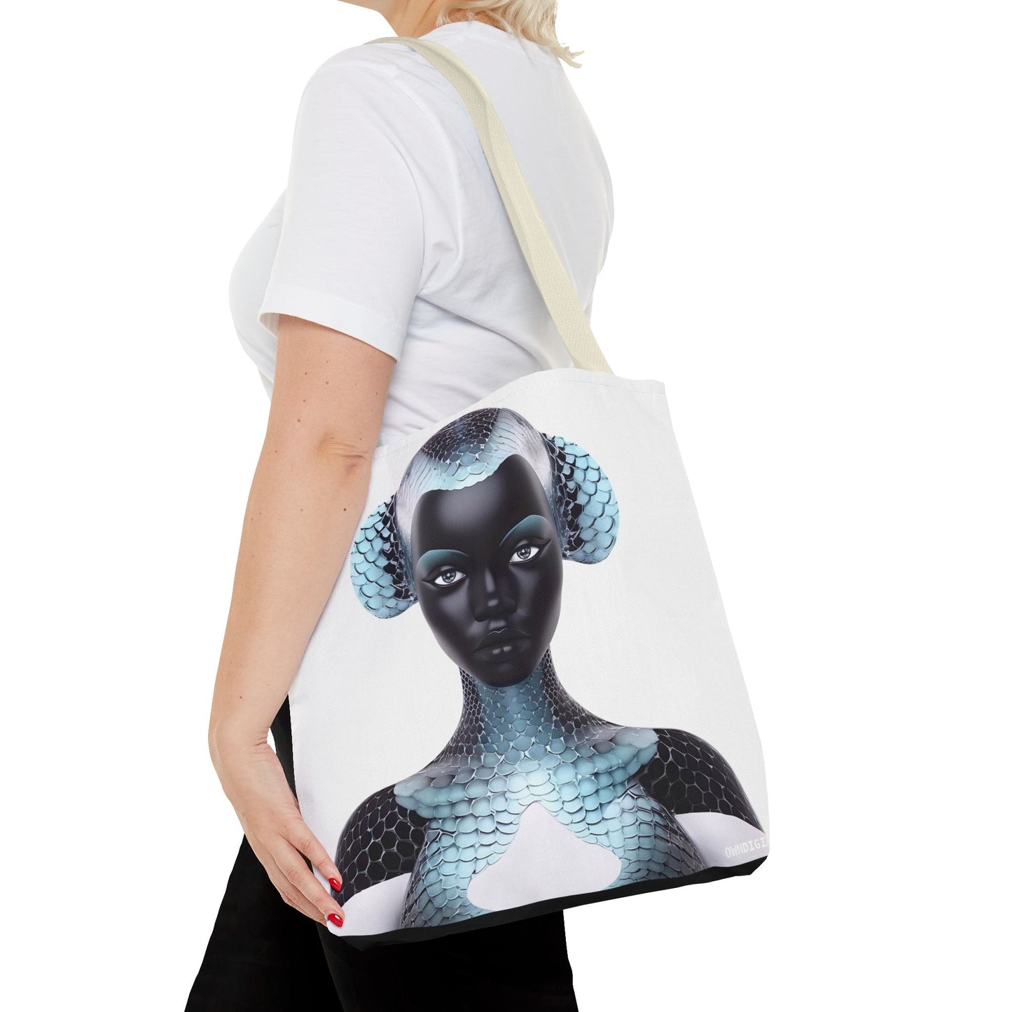 Blue Texture - AI Art - Abstract Woman with Fish Scale Textures - Tote Bag - Gift Idea - Fashion Accessories - Black Art